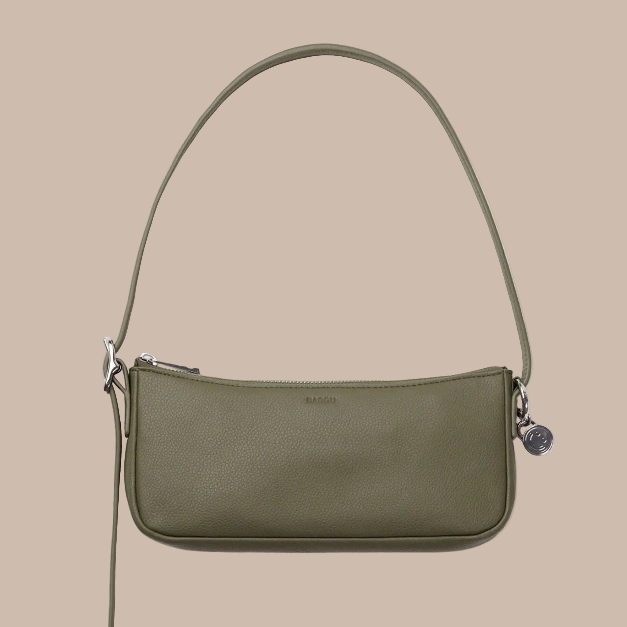 A green recycled leather shoulder bag. 