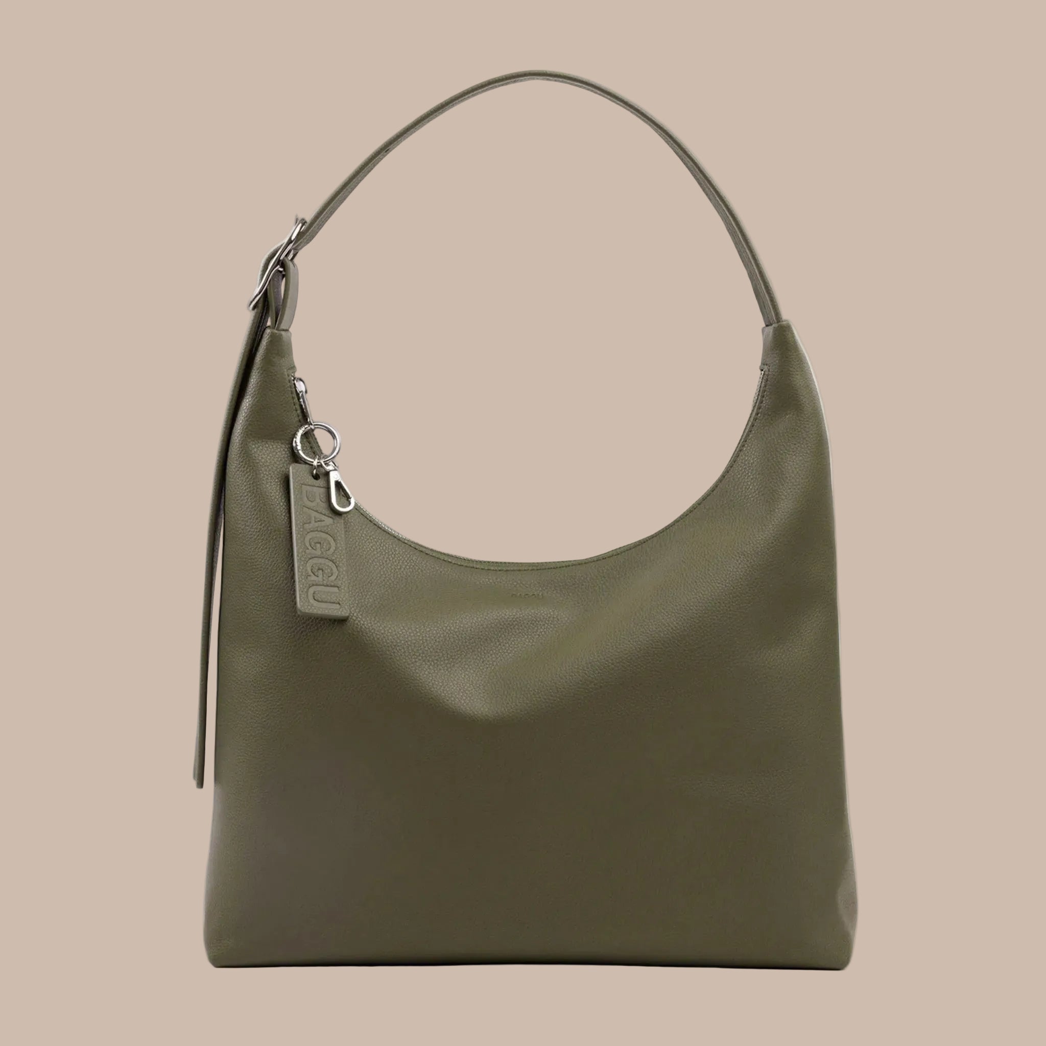 A green recycled leather shoulder bag. 