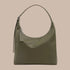 A green recycled leather shoulder bag.