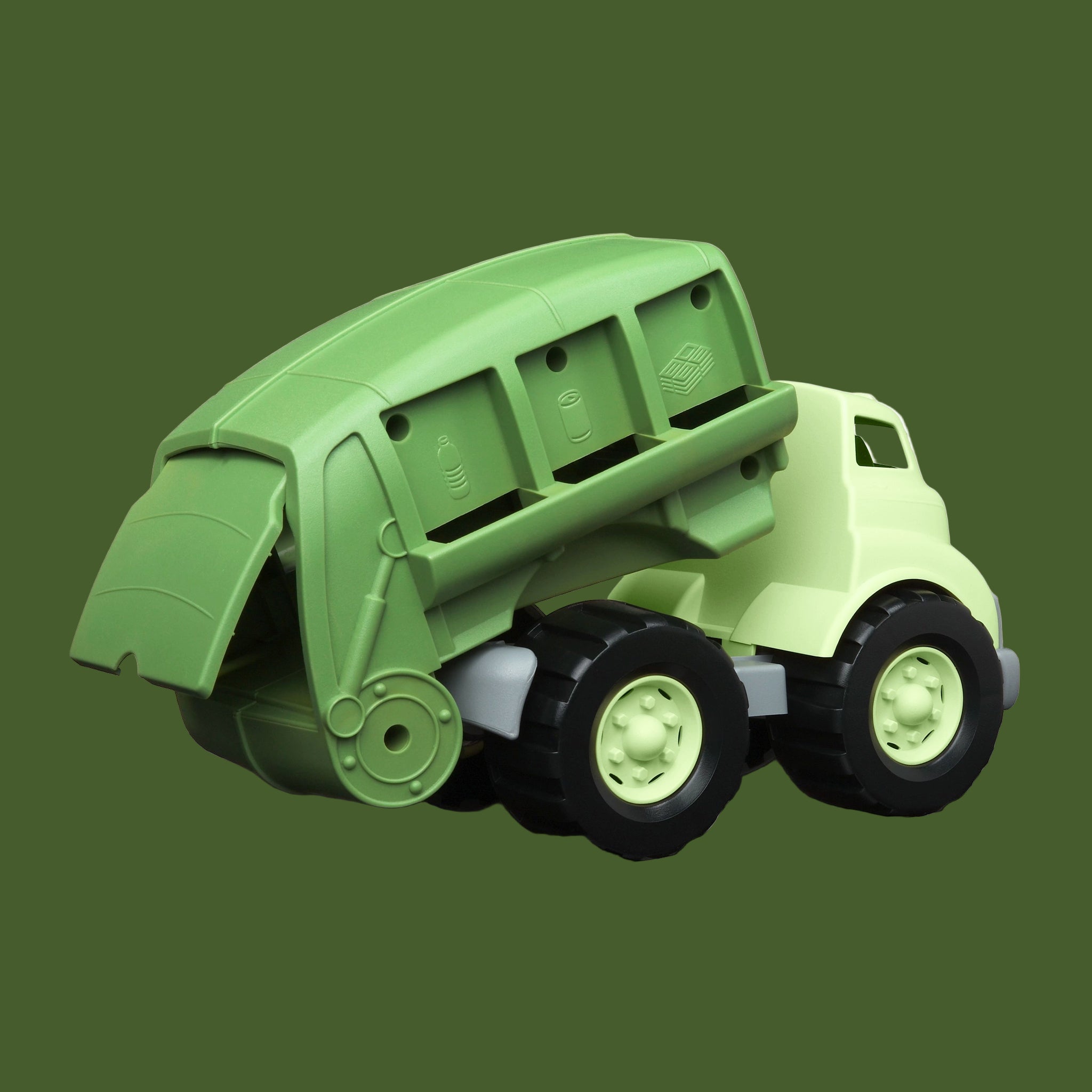 A green recycling truck shaped toy truck. 