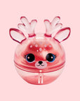 A round ball of lip balm with a reindeer face and ears and antlers. 
