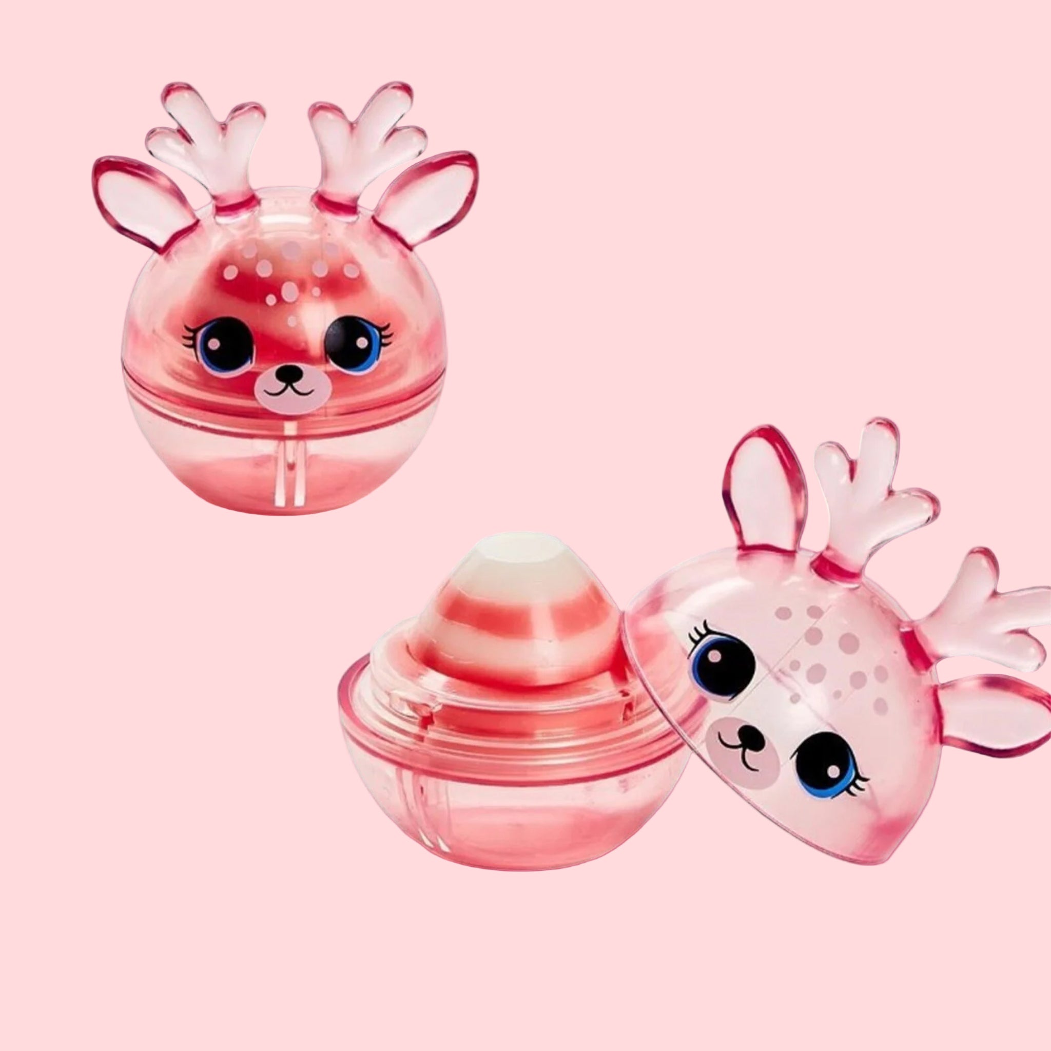 A round ball of lip balm with a reindeer face and ears and antlers. 