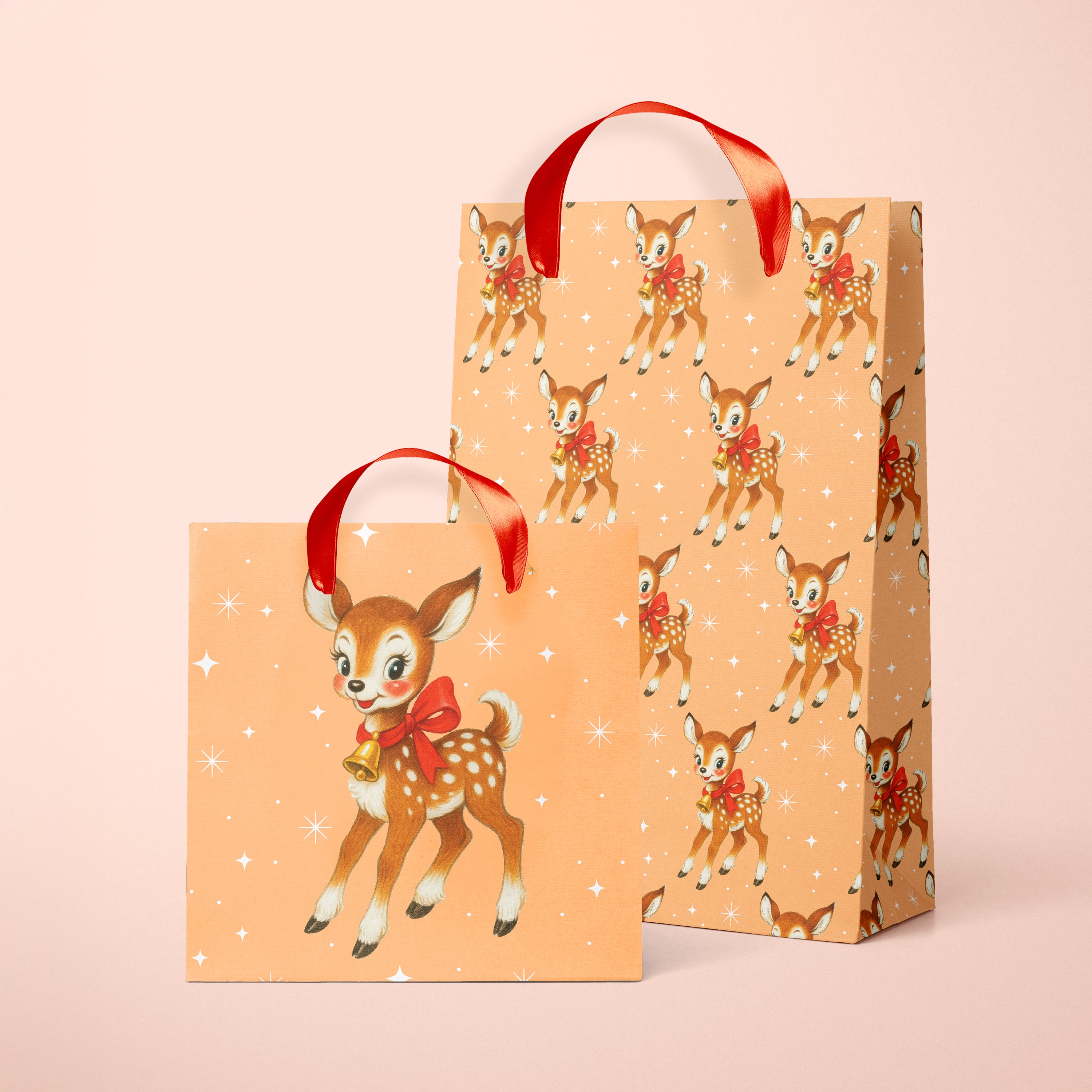 A tan bag with a brown retro deer graphic.