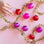 Satin and gold pink and orange ornaments. 
