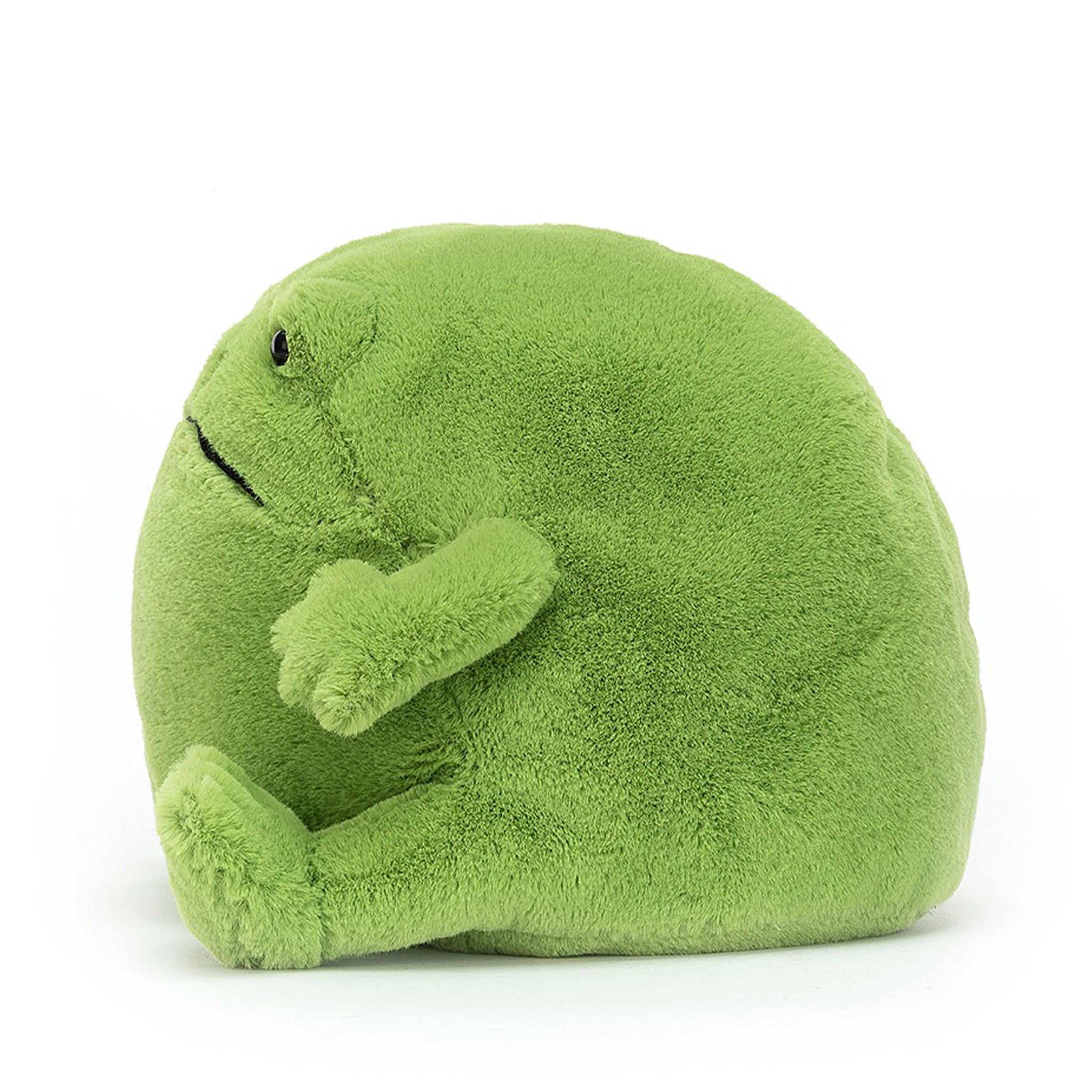 On a white background is a green frog stuffed animal with with a frown face.