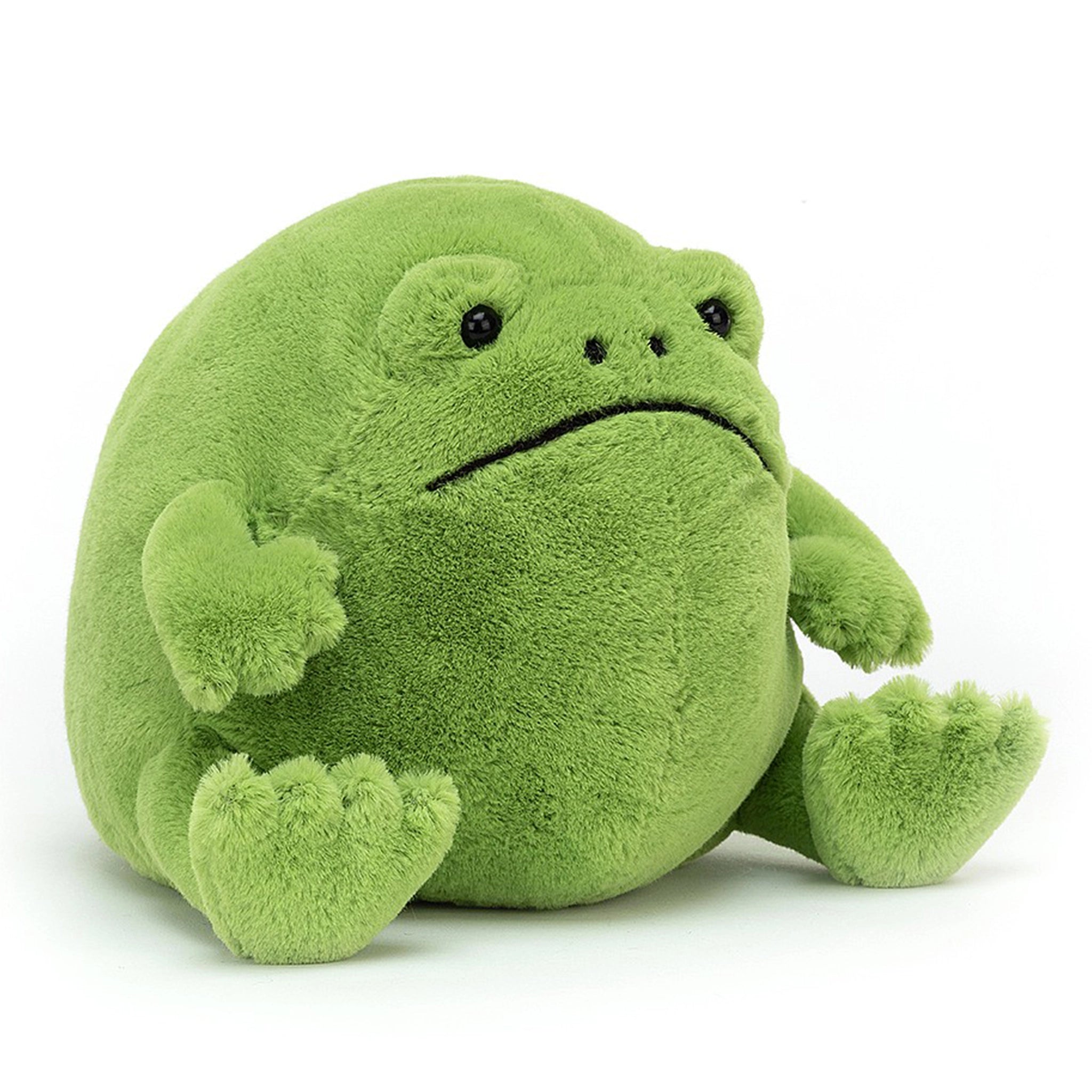 On a white background is a green frog stuffed animal with with a frown face. 