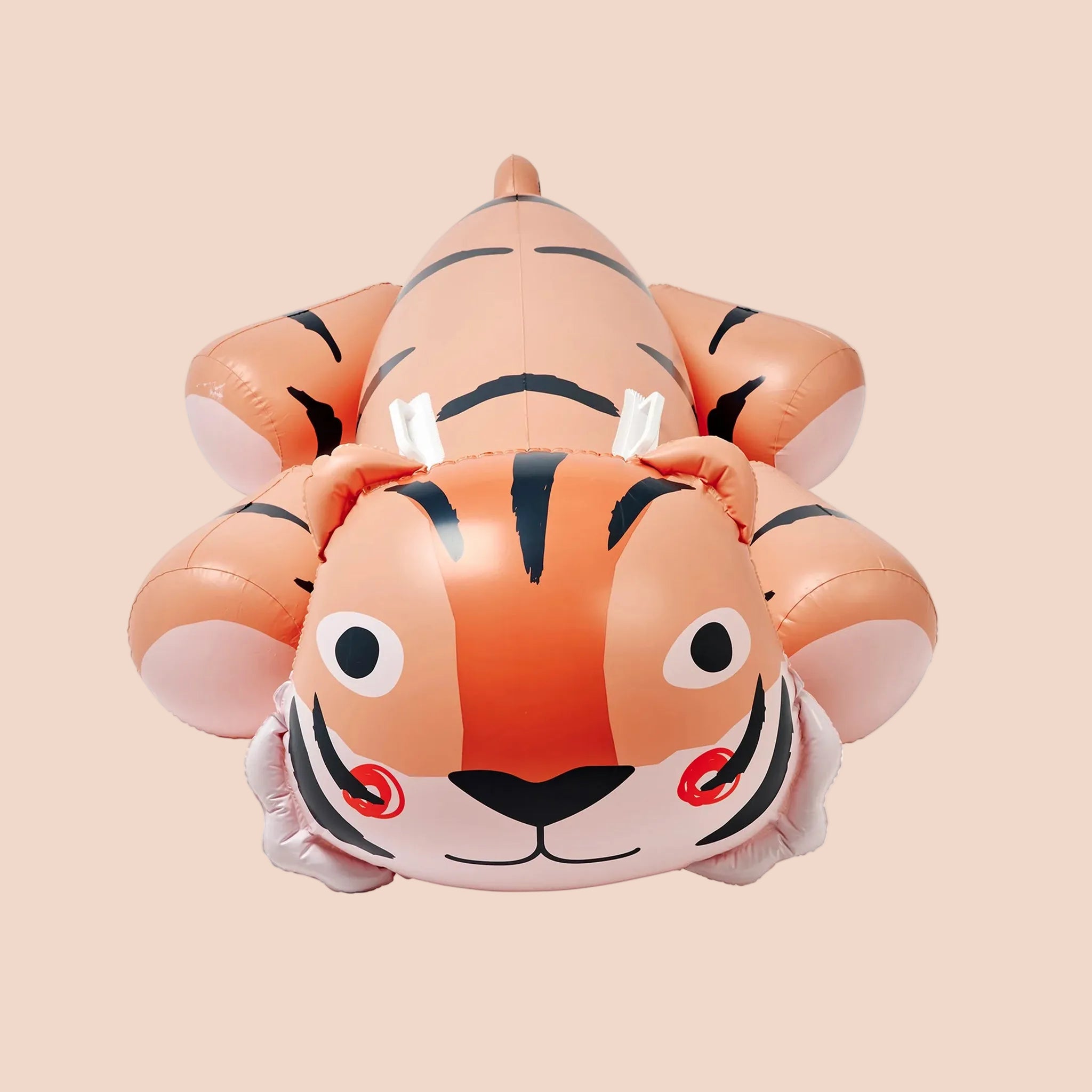 An orange and black striped tiger shaped ride on pool float for children. 