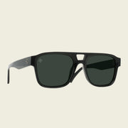 A pair of black aviator style sunglasses with a dark green lens. 