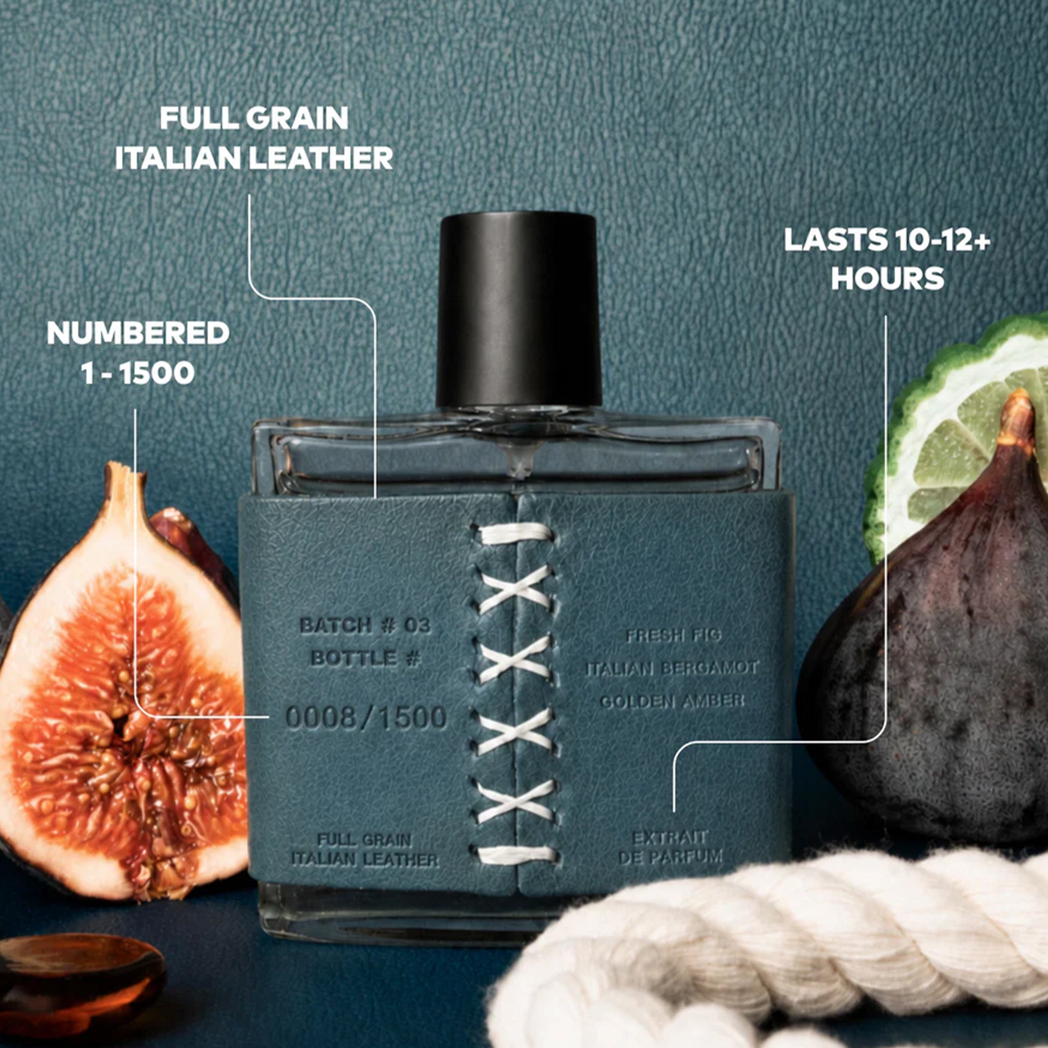 Blue perfume bottle with figs and text on a blue background