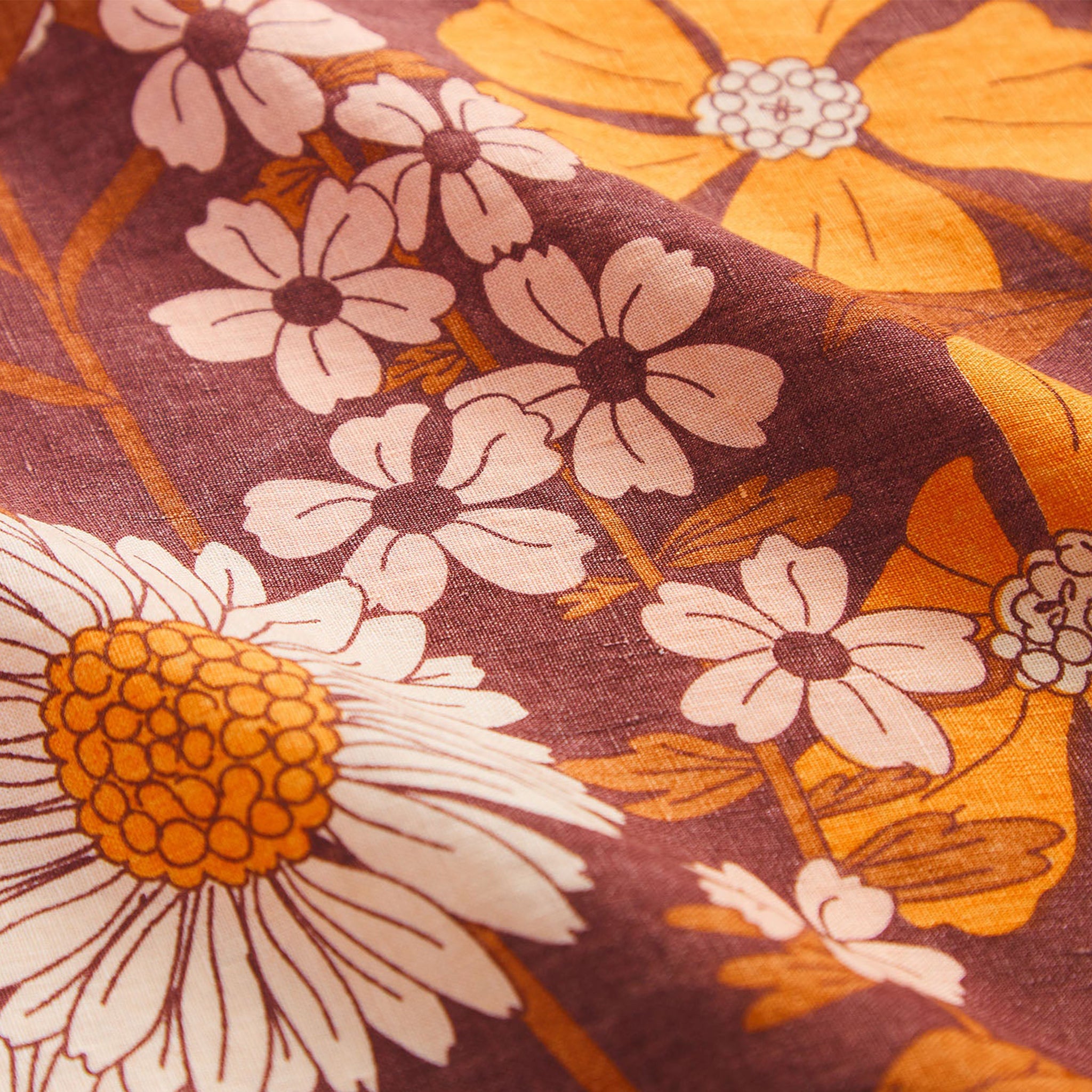 A rust, yellow and cream 70's inspired floral print linen robe.