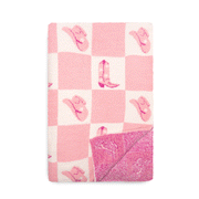 On a white background is a folded pink and white checkered blanket with alternating pink cowgirl hats and cowgirl boots in each white square.