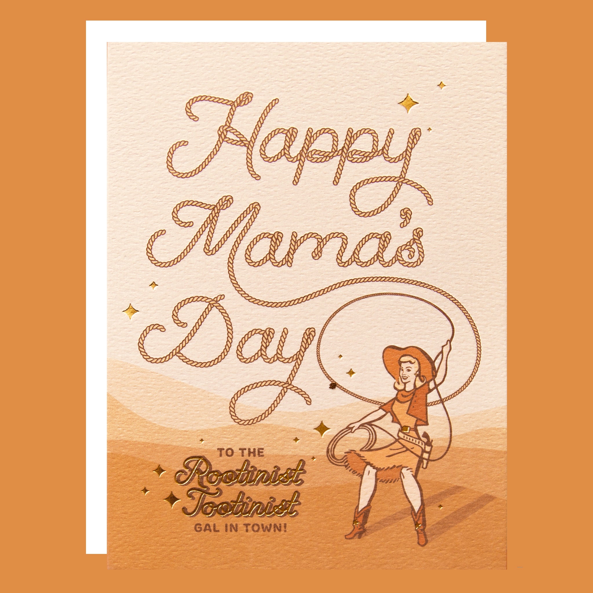Card with 'Happy Mama's Day' text and a graphic of a woman with a lasso on an orange background