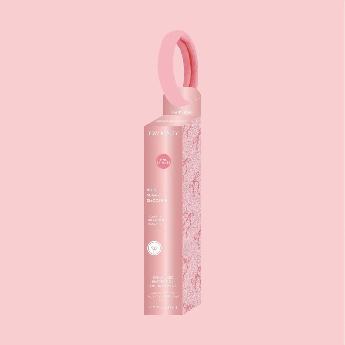 Tall pink ESW Beauty ‘Rose Sugar Smoothie’ lip treatment box with a loop handle and subtle bow pattern on the side, centered on a pale pink background.
