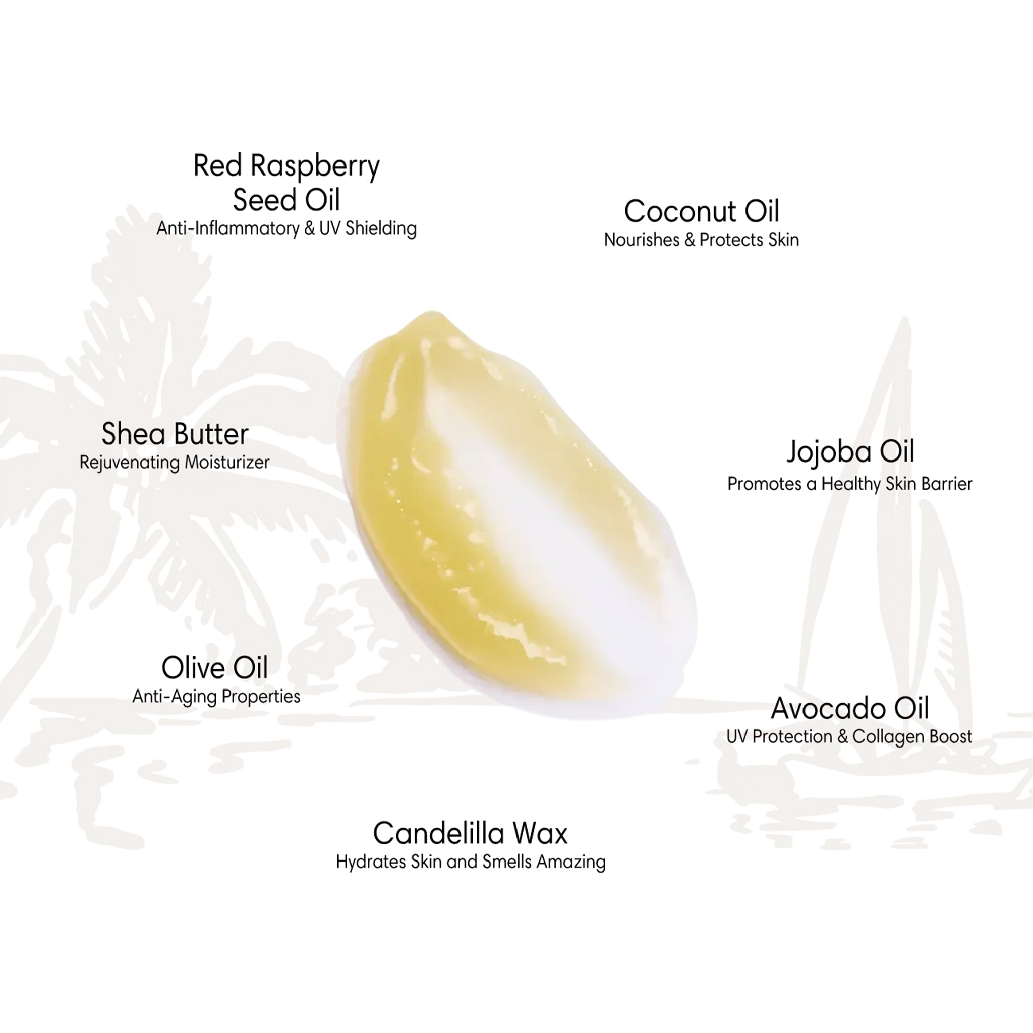 List of skincare ingredients with a close-up of a yellow substance in the center on a white background.