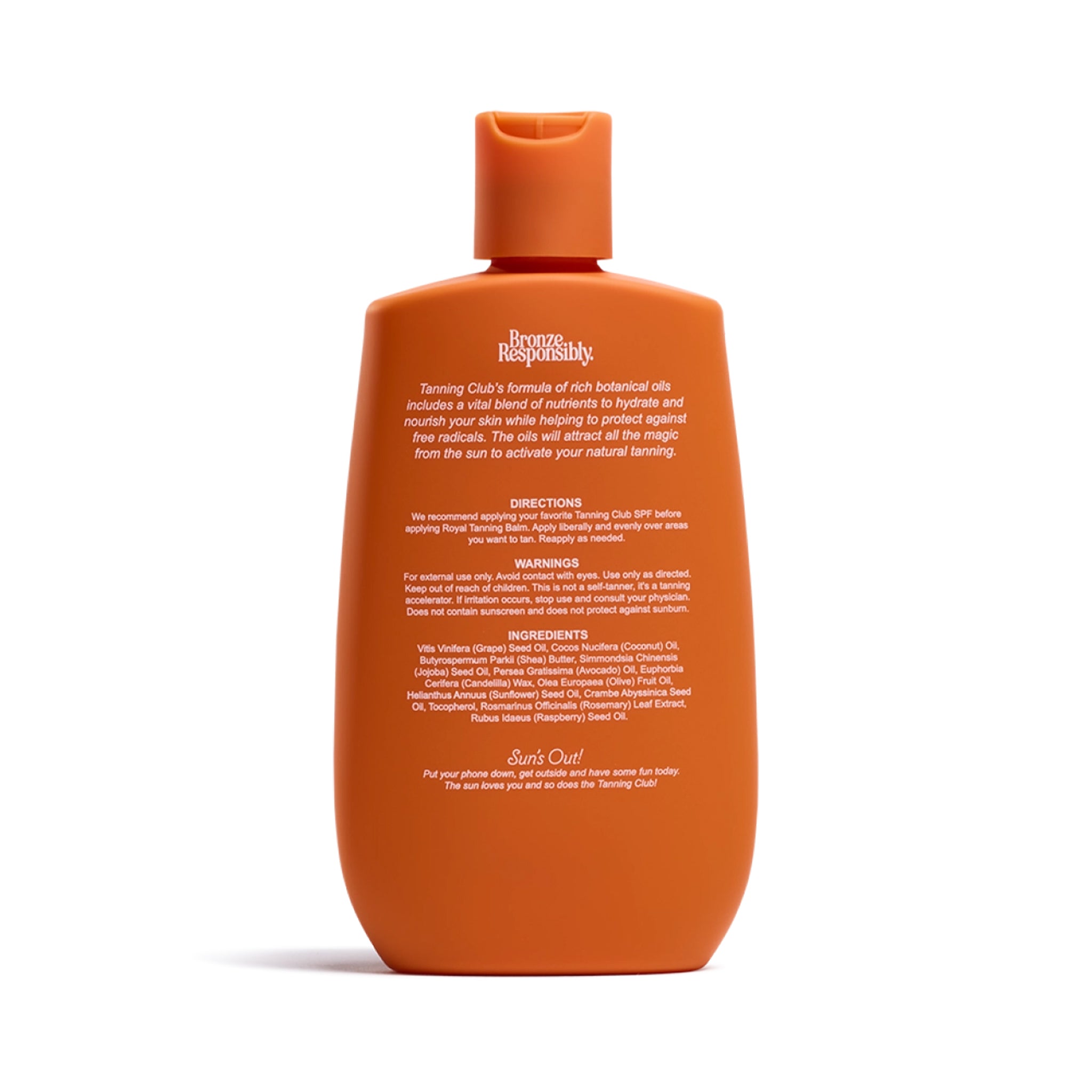Orange bottle of Tanning Club Royal Tanning Balm on a beige background