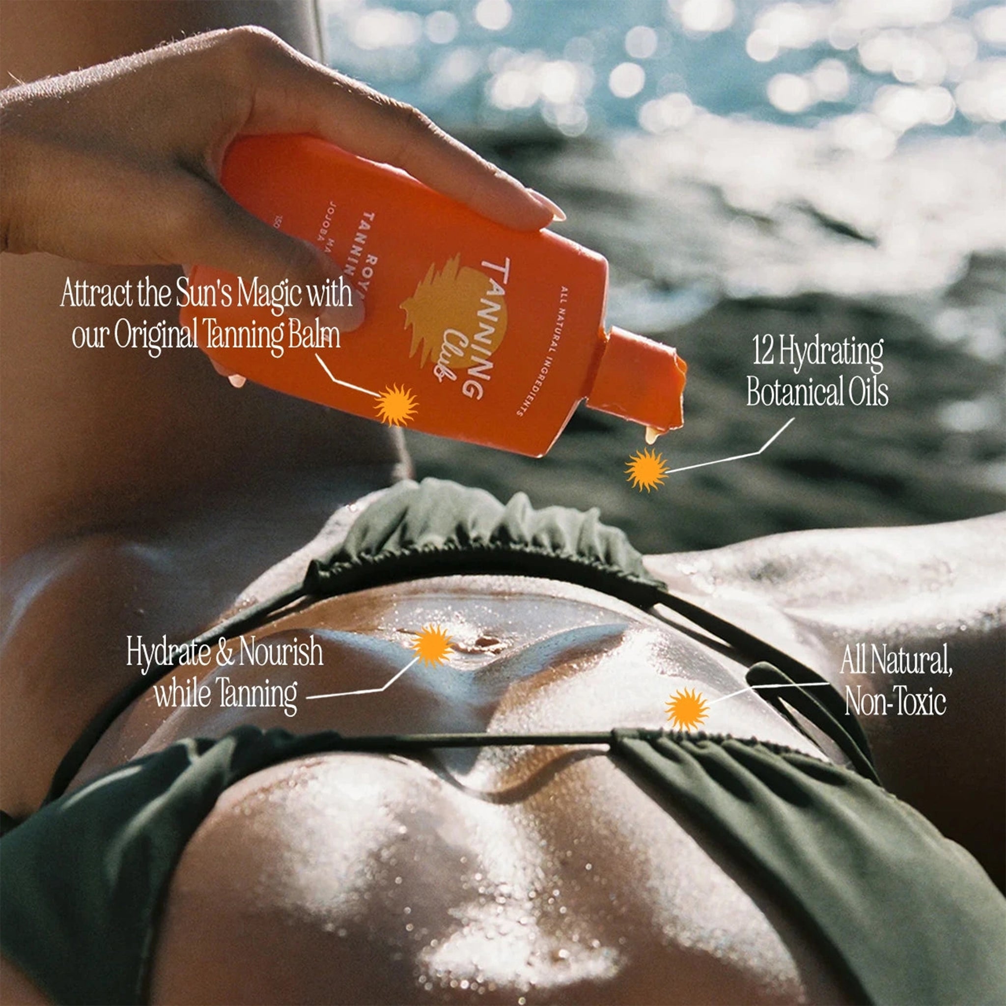 Person applying tanning balm to their skin with text highlighting product features.