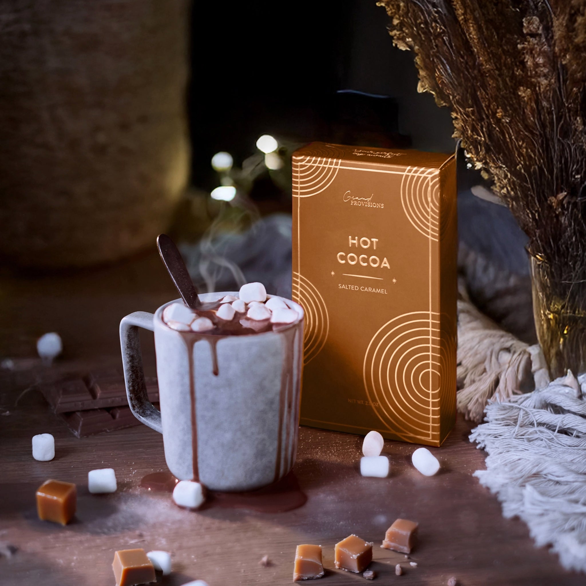 A box of hot chocolate mix that reads, "Hot Cocoa Salted Caramel". 