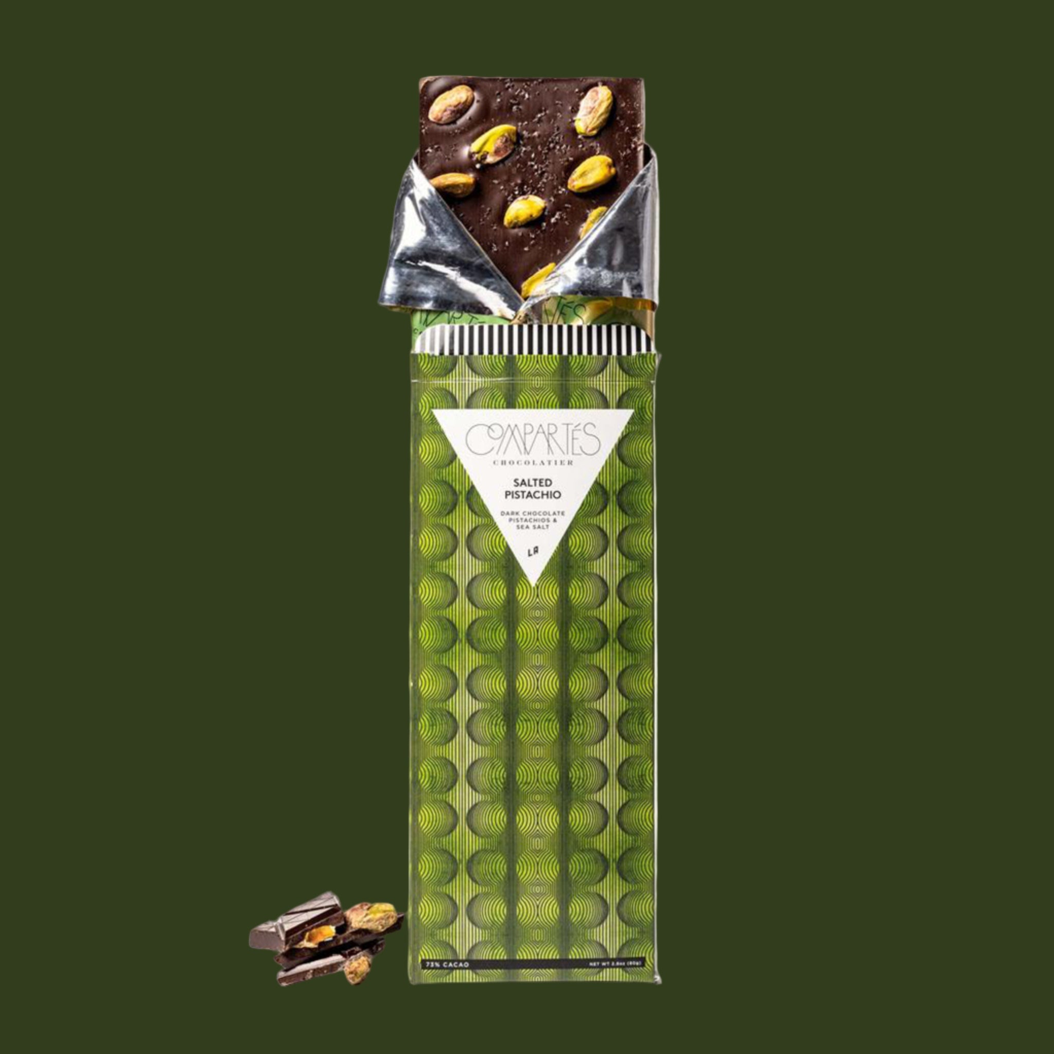 "Compartes Chocolates Salted Pistachio" chocolate bar. 