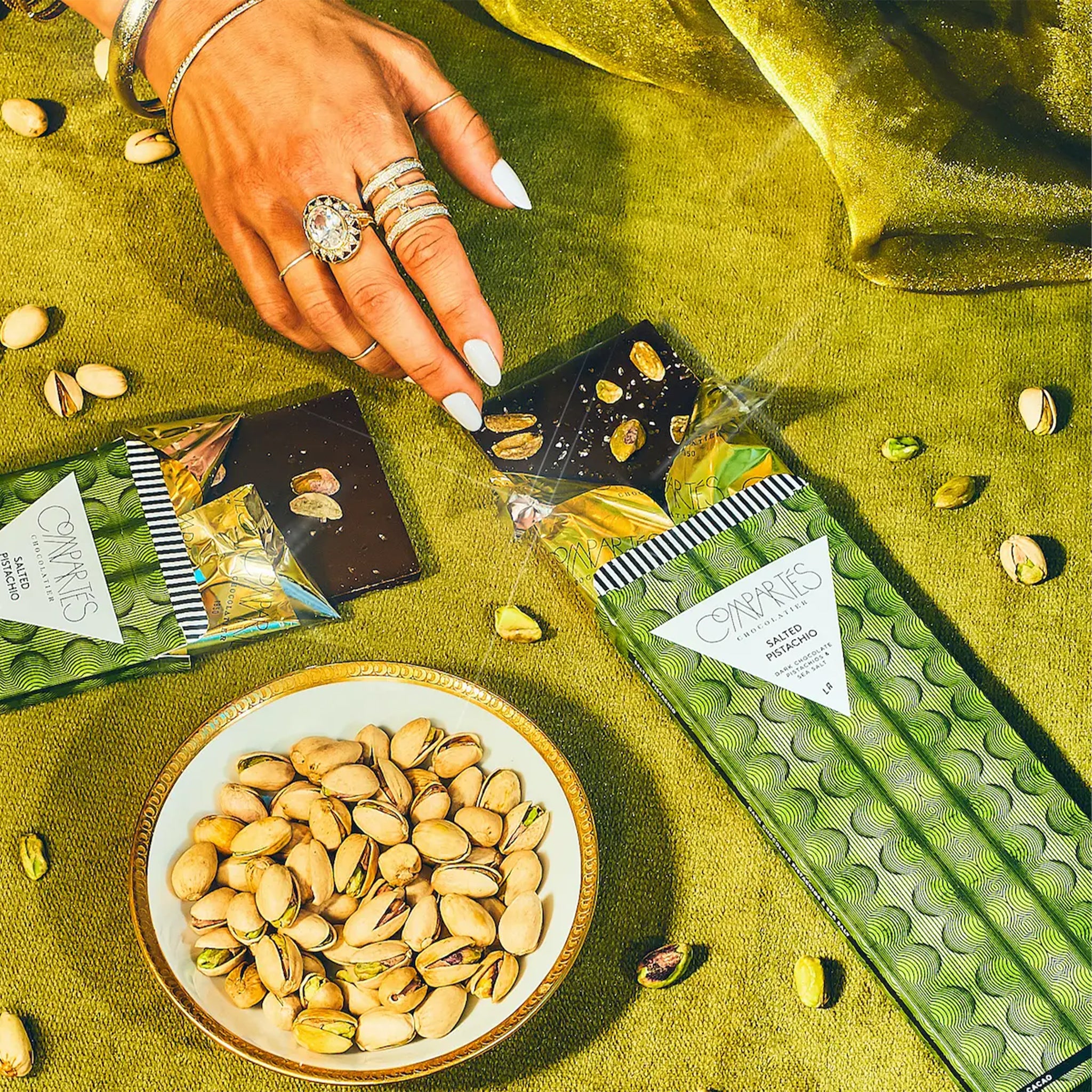 "Compartes Chocolates Salted Pistachio" chocolate bar. 