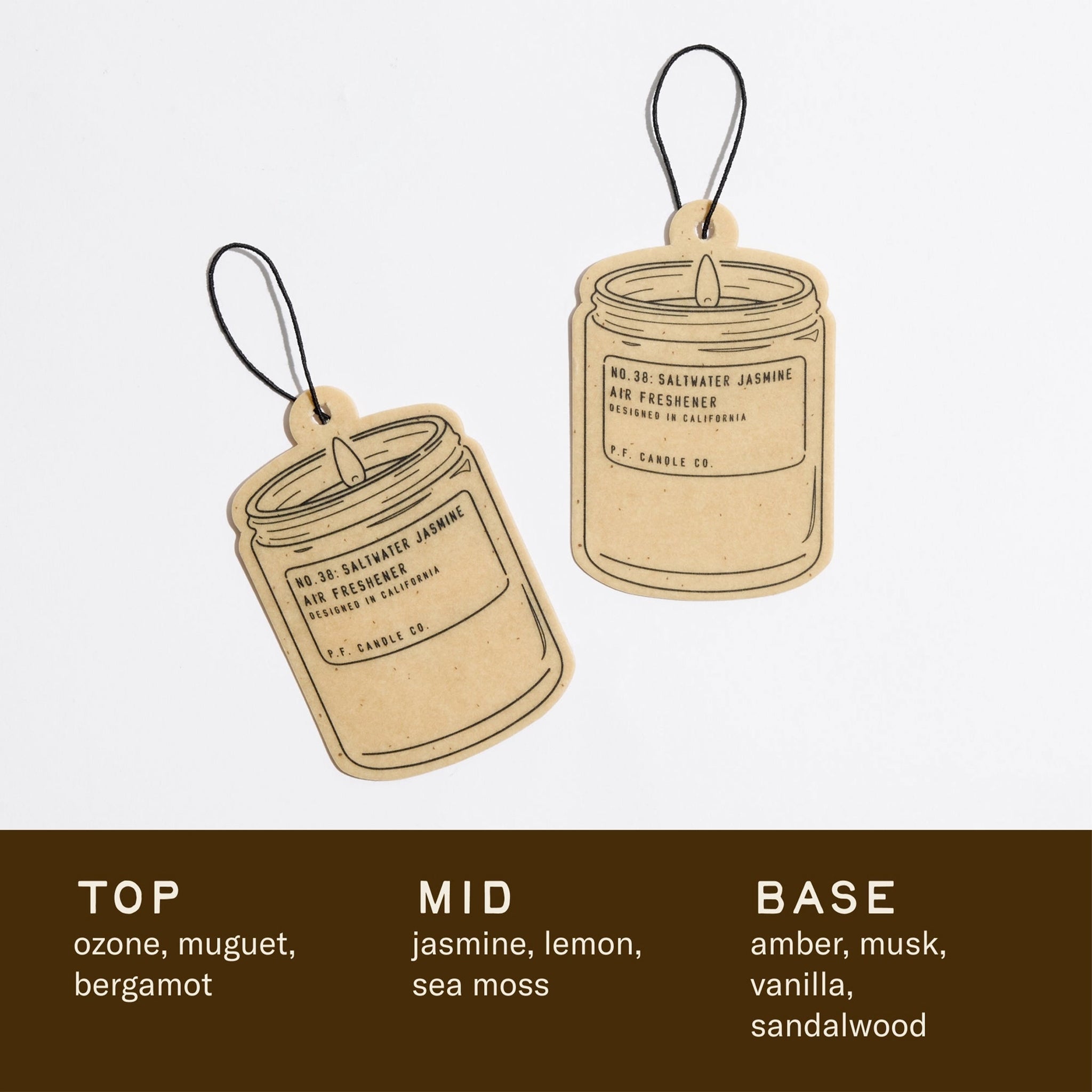 Two air freshener tags with scents listed on a white background