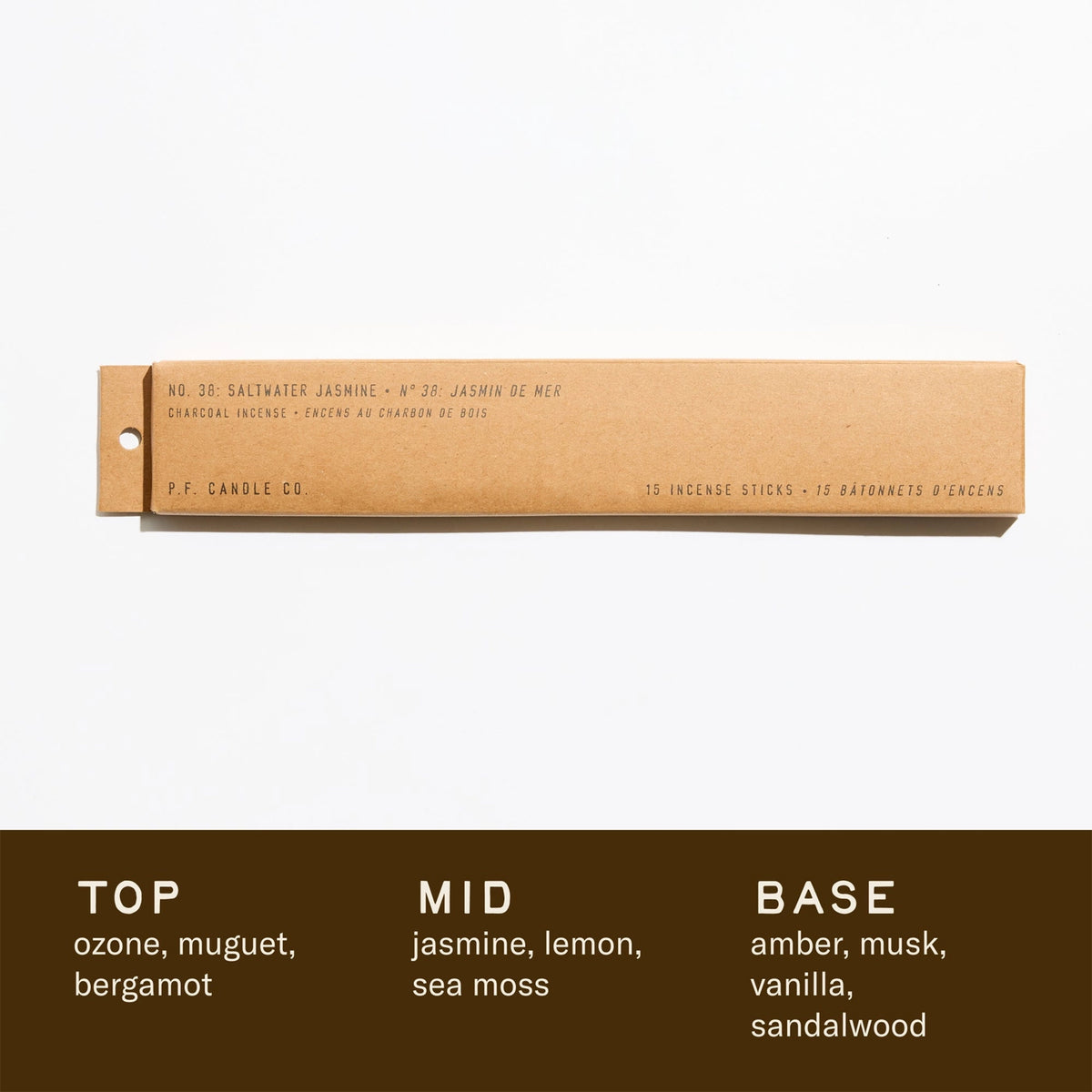 P.F. Candle Co. incense stick packaging with fragrance description on a white background