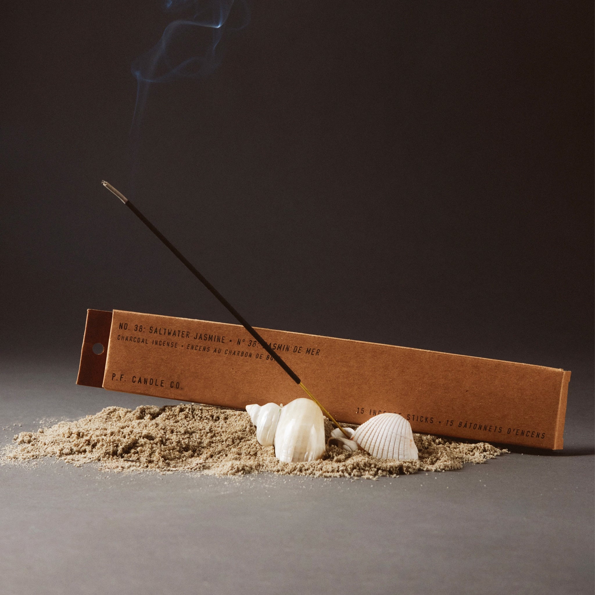 Incense stick with sand and shells on a dark background