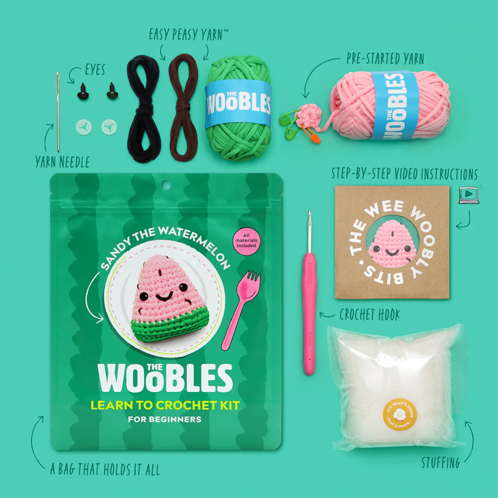 A crochet kit that makes a pink and green watermelon with a smiling face. 