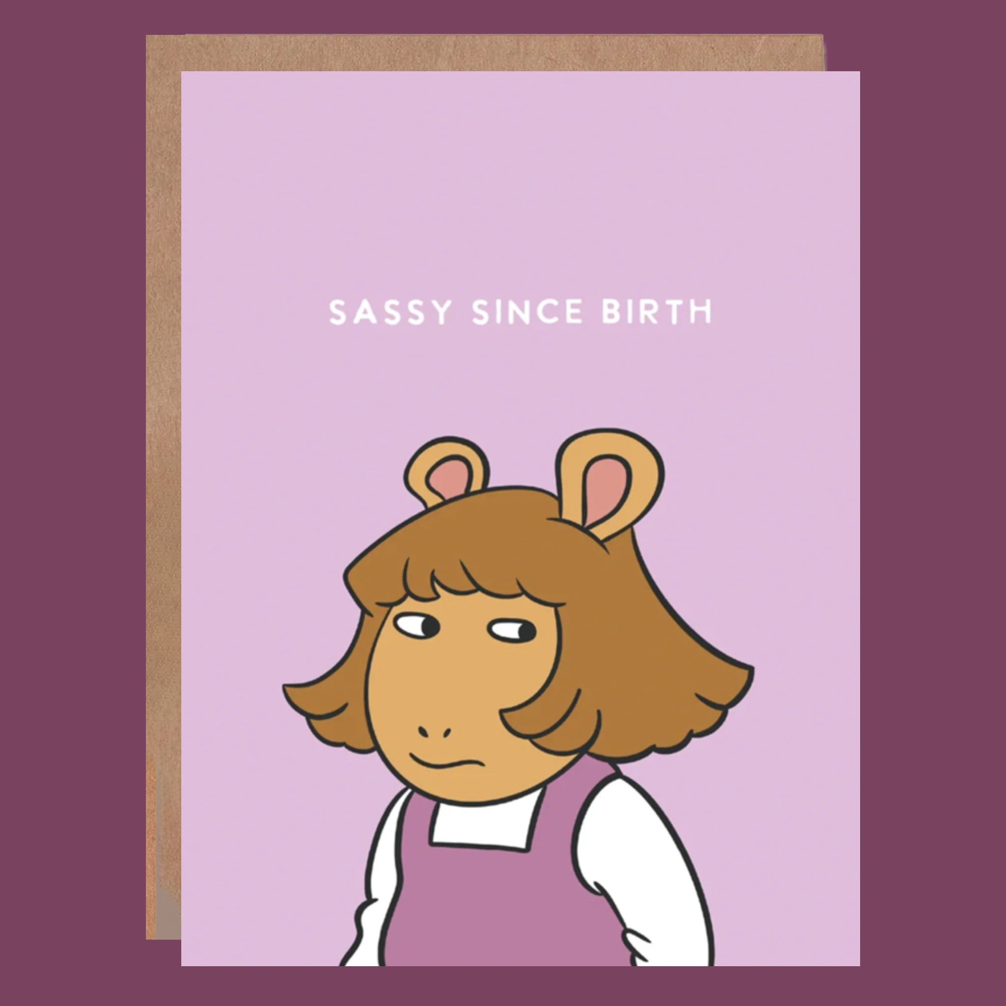 Card with cartoon character and 'Sassy Since Birth' text on a purple background