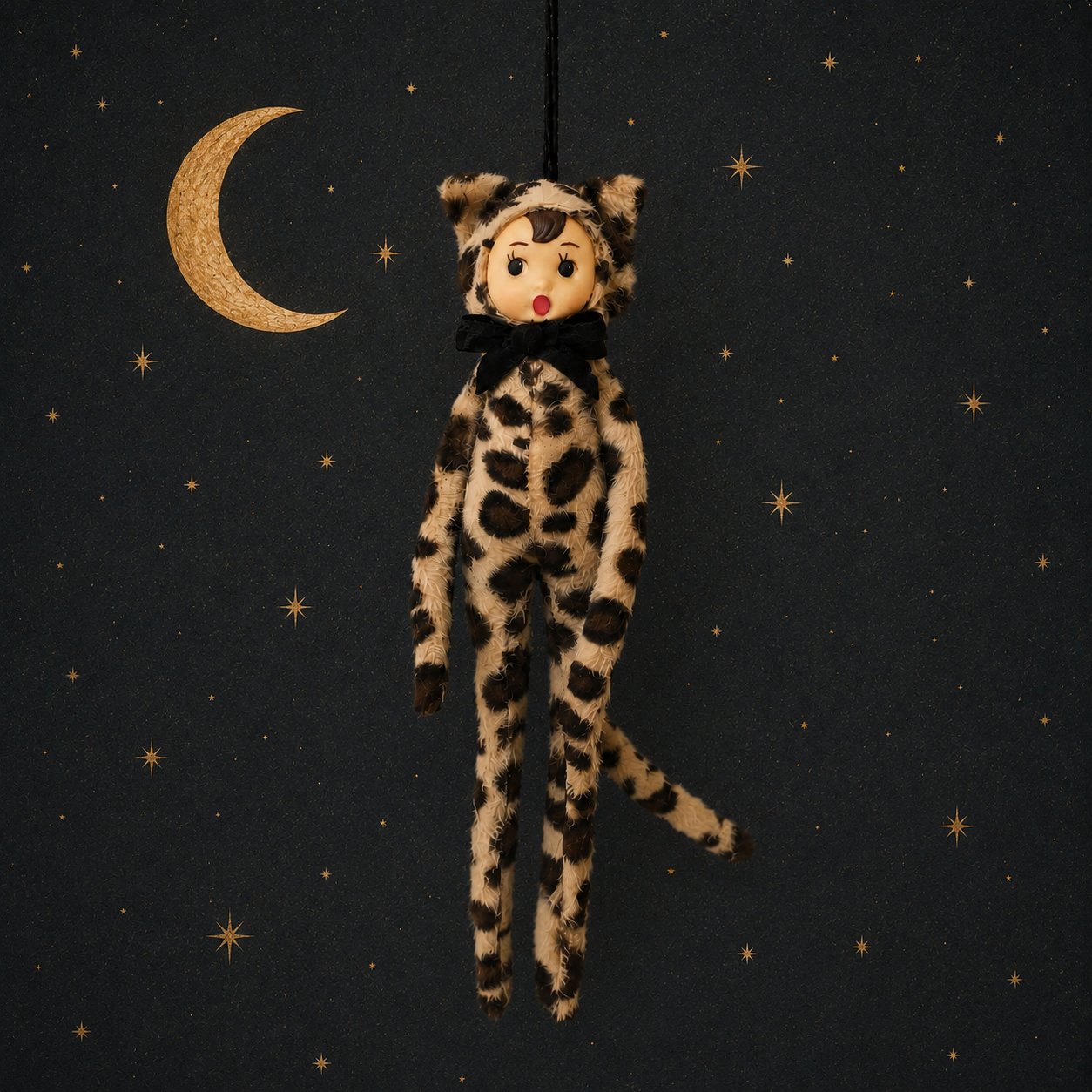 A plush hanging doll or ornament dressed in a leopard-print catsuit with a black bow tie, set against a dark starry night background with a crescent moon.