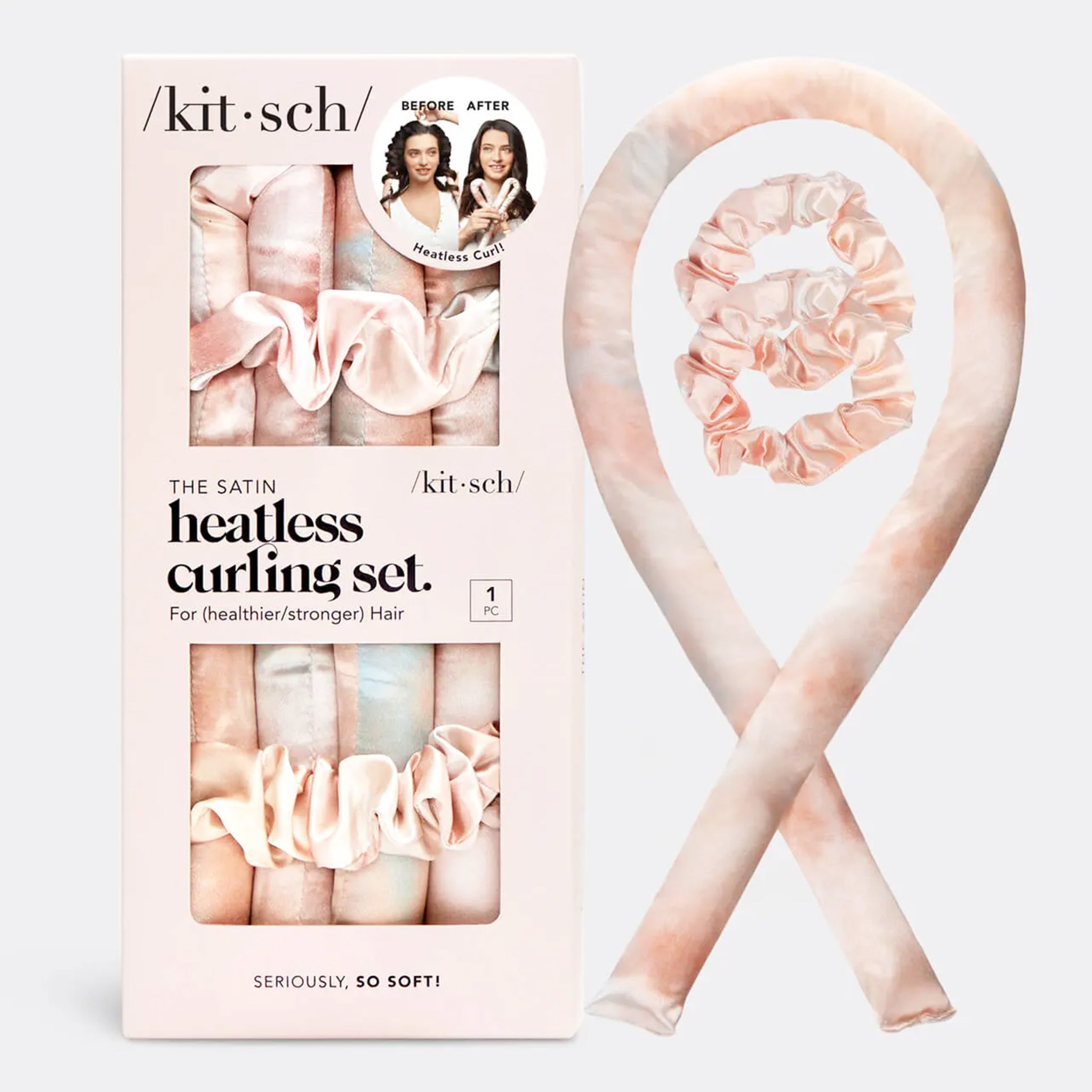 A photo on a white background of the pink satin heatless curling set next to the packaging that it comes in.