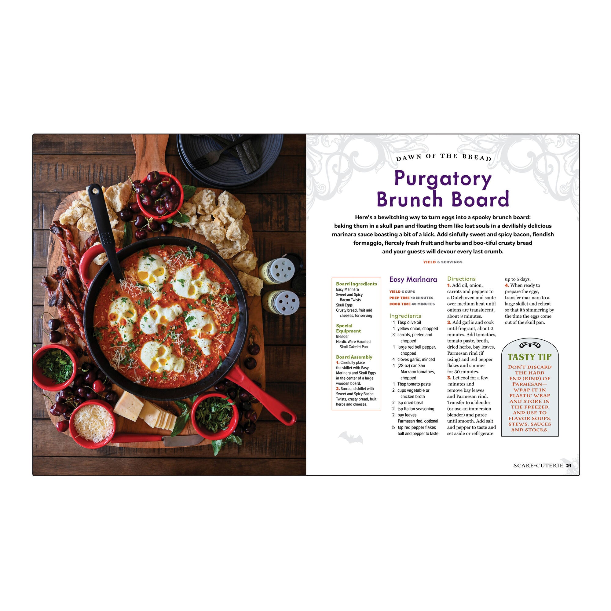 Interior of a cookbook showing tomato sauce and mozzarella skulls with a recipe for a brunch board.