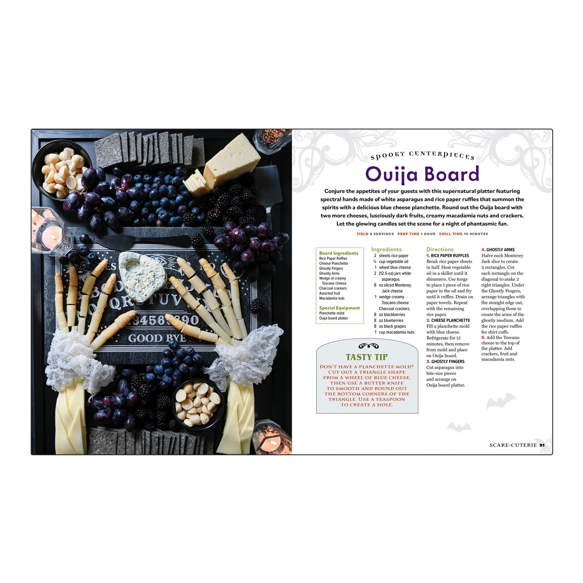 Interior age of a cookbook showing how to make a Ouija Board fruit and cheese tray.