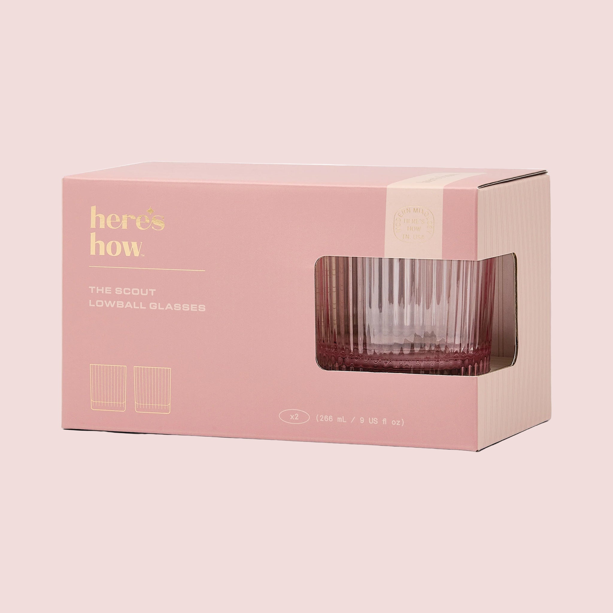 A set of pink ribbed lowball cocktail glasses. 