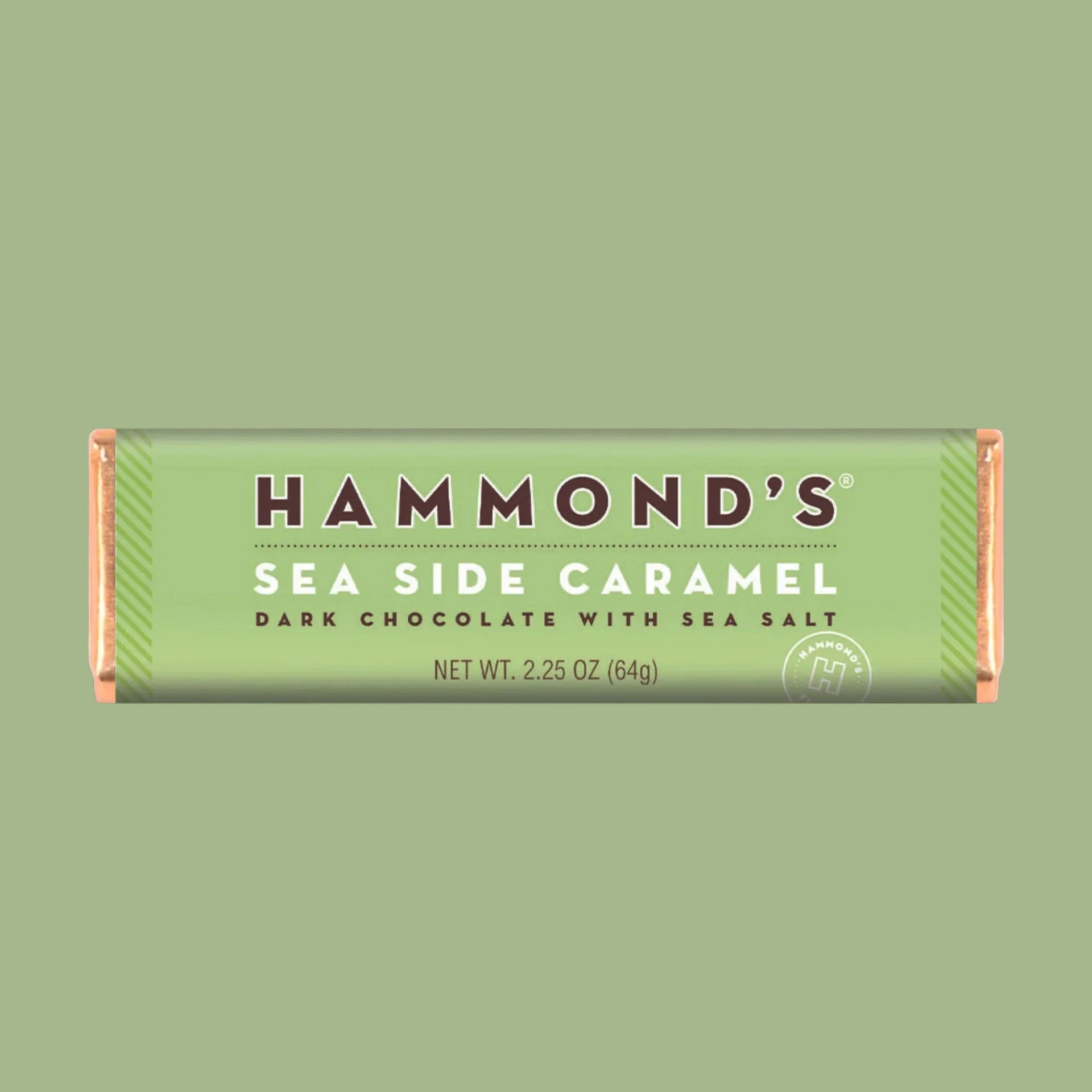 A green bar of chocolate with text that reads, "Hammond's Sea Side Caramel Dark Chocolate With Sea Salt'. 