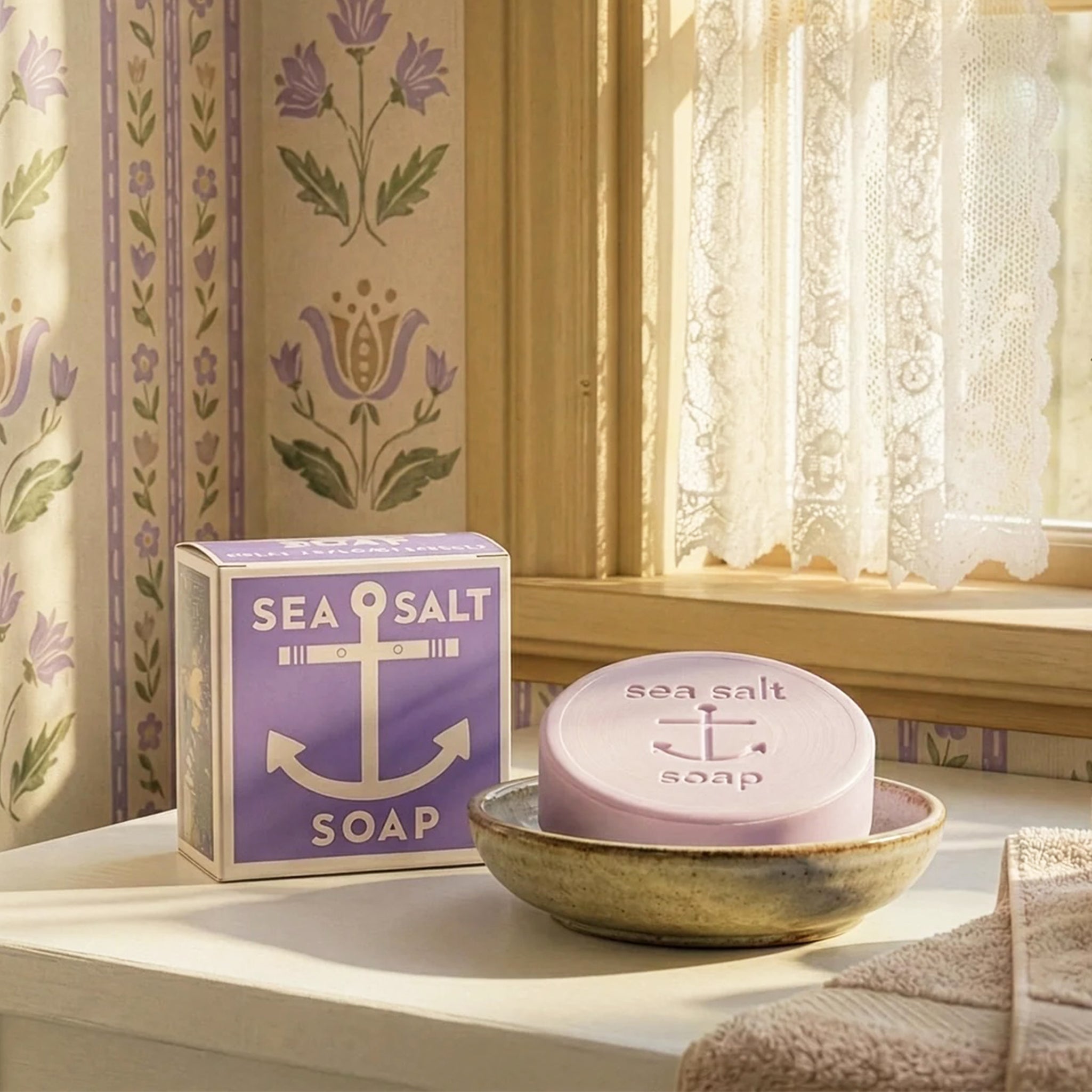 Lavender sea salt bar soap in a dish beside its box, styled on a windowsill with vintage floral wallpaper and lace curtains in soft natural light.