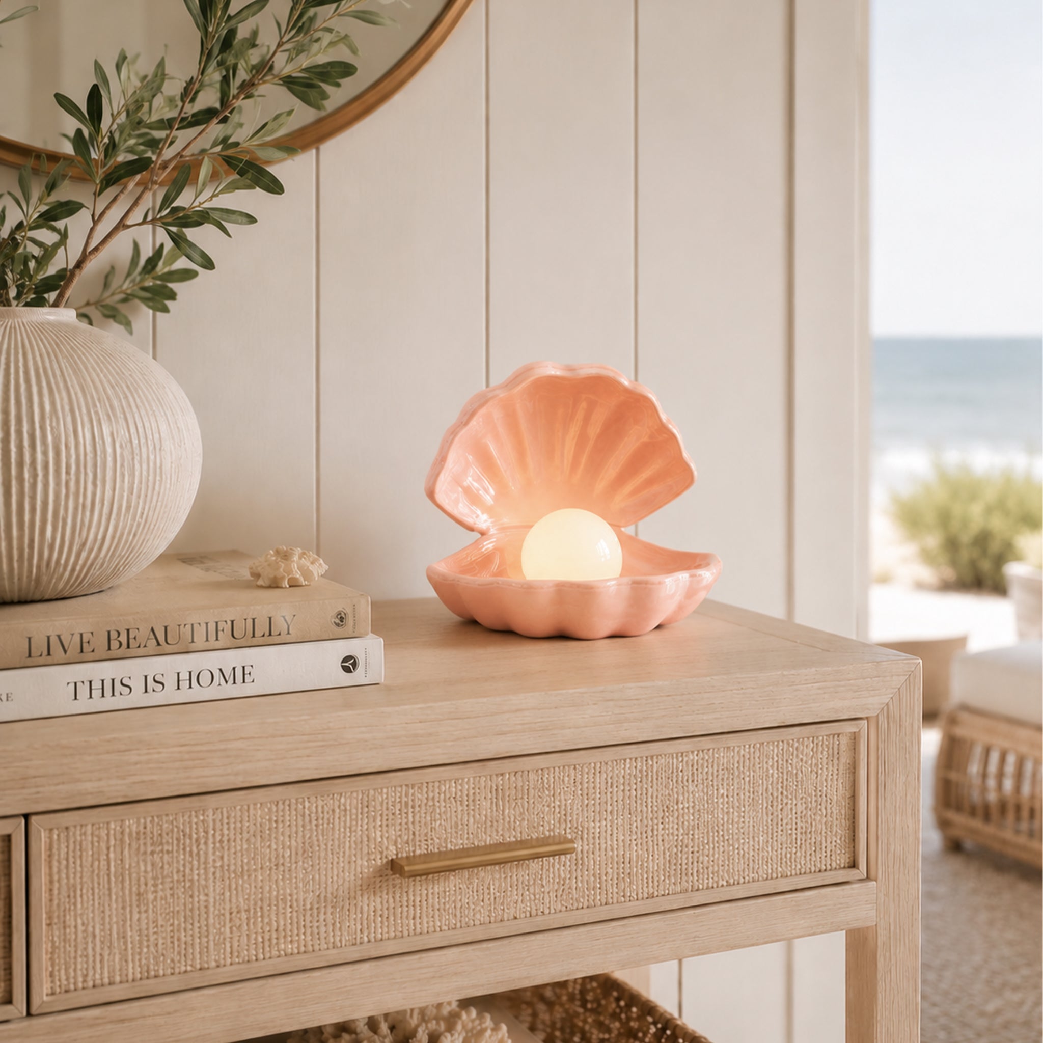 Pink shell shaped night light. 