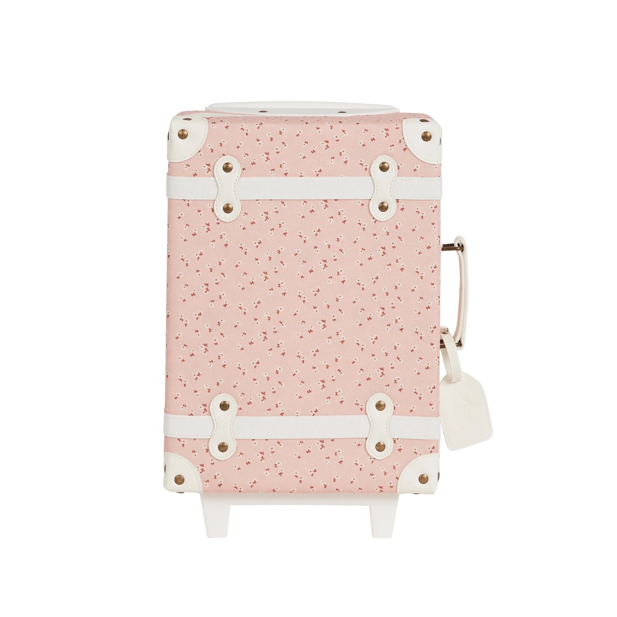A pink floral print childrens roller suitcase with white details.
