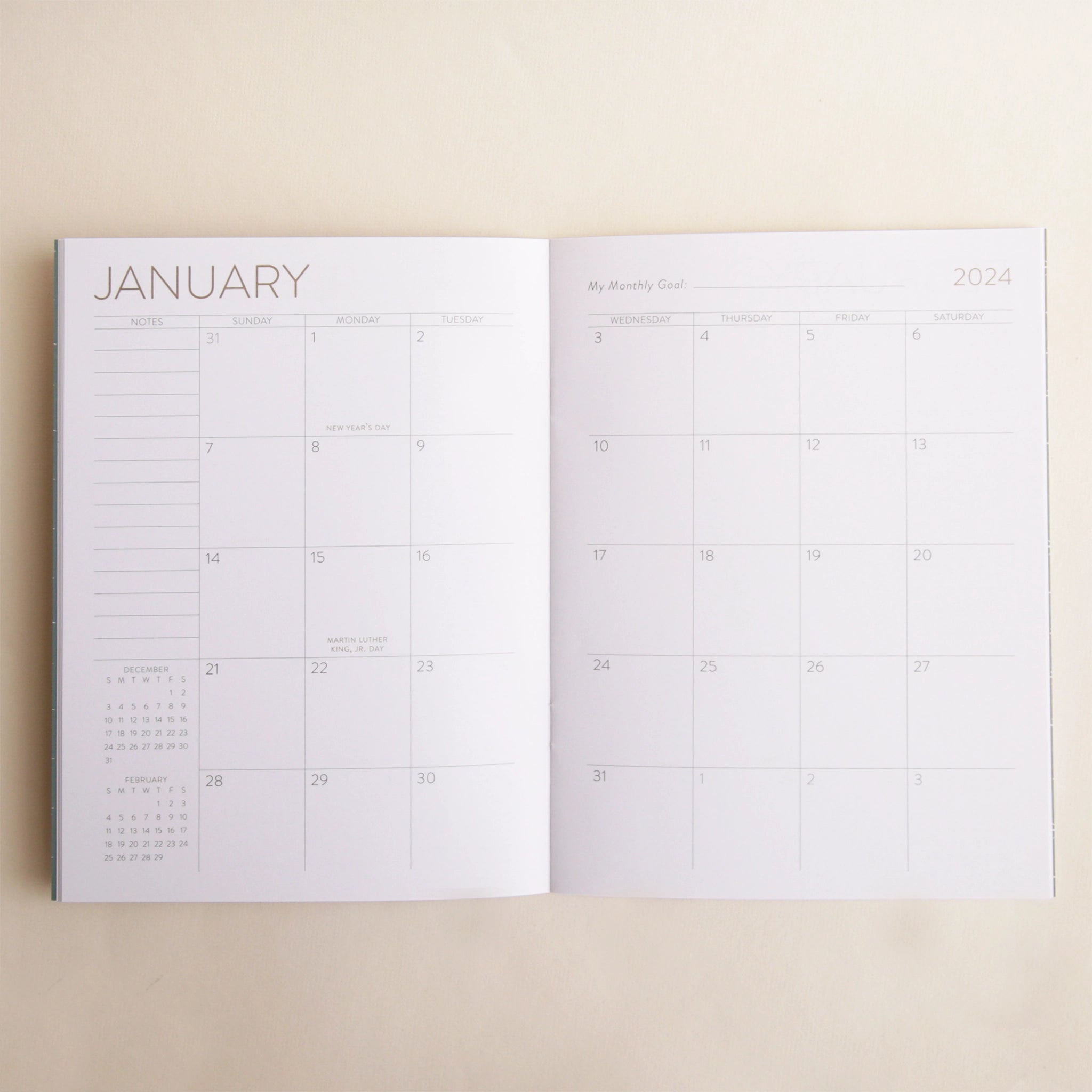 The interior of the planner that features a monthly calendar view. 