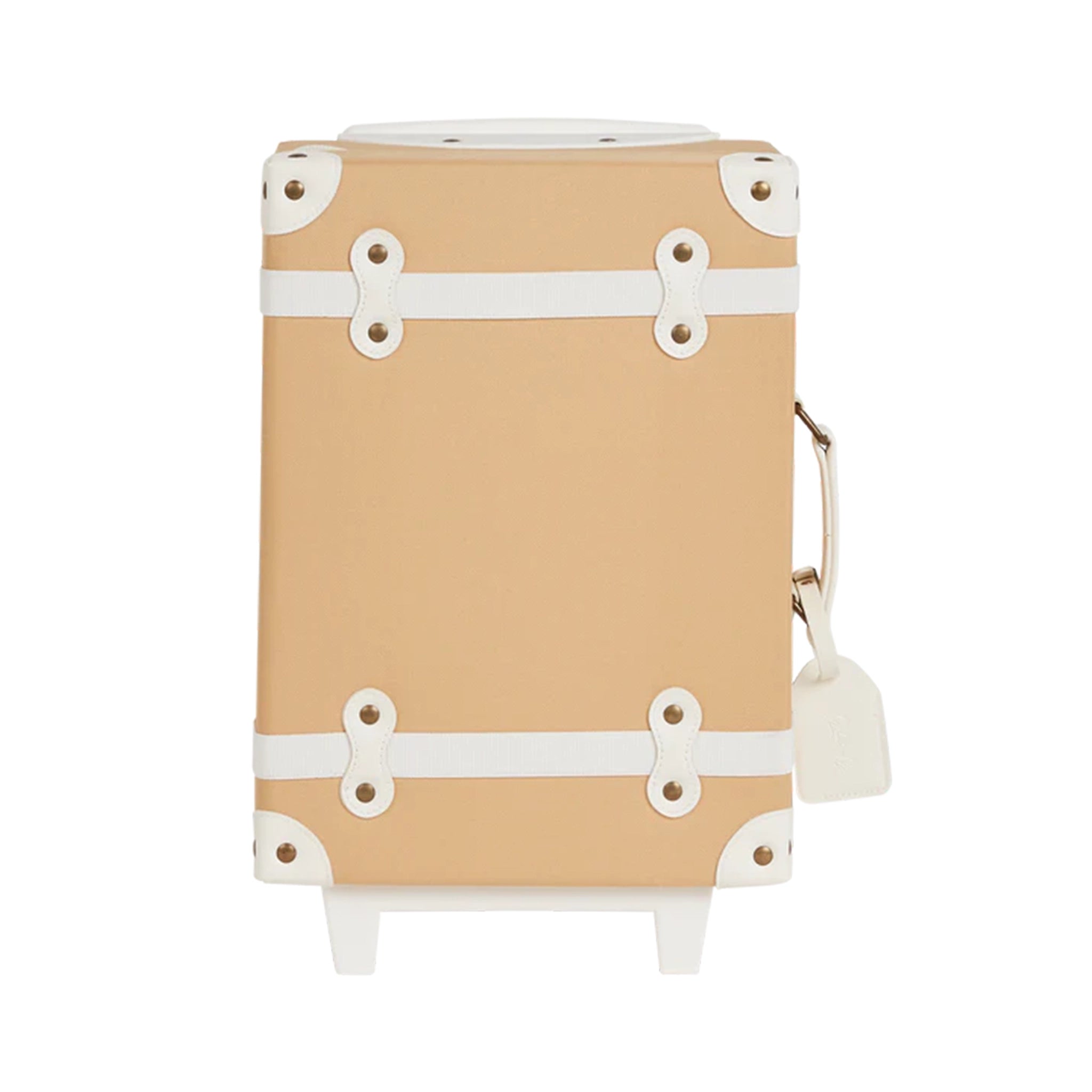 On a white background is a tan/light orange and white kids suitcase. 