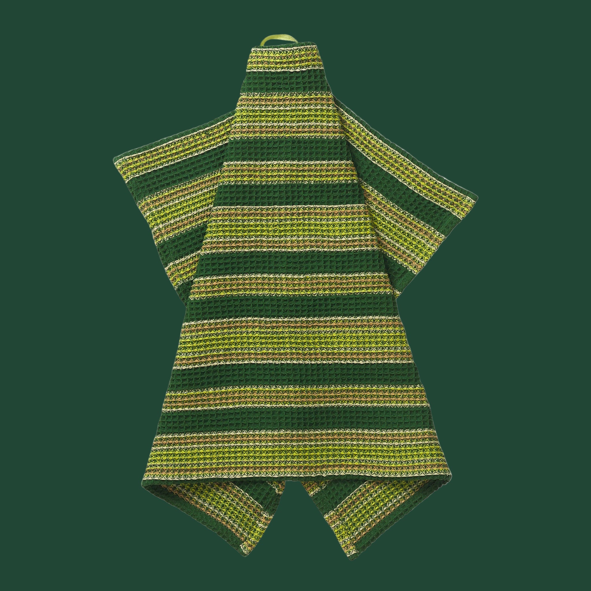 A green striped waffle knit tea towel. 