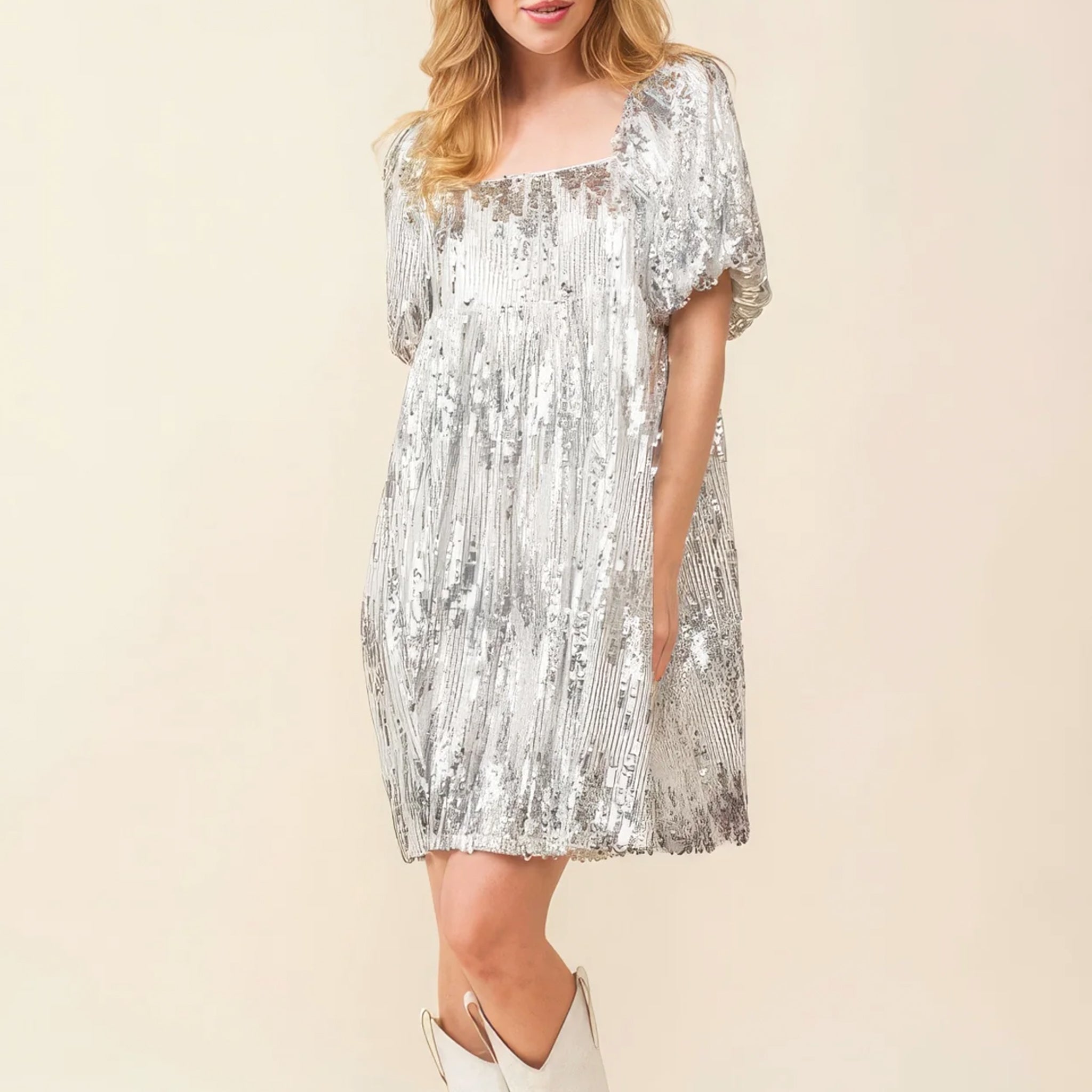 Sequin Babydoll Mini Dress | Silver | Size: S by Pigment Sequin Babydoll Mini Dress | Silver | Size: S by Pigment