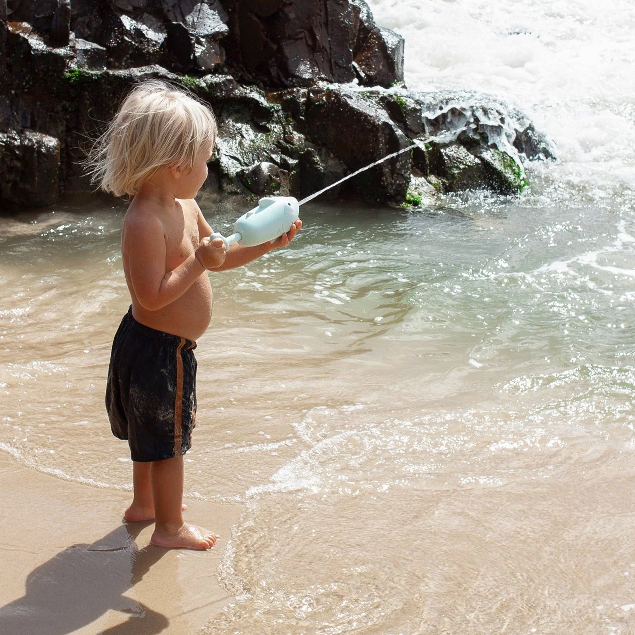 A blue shark water squirter toy.
