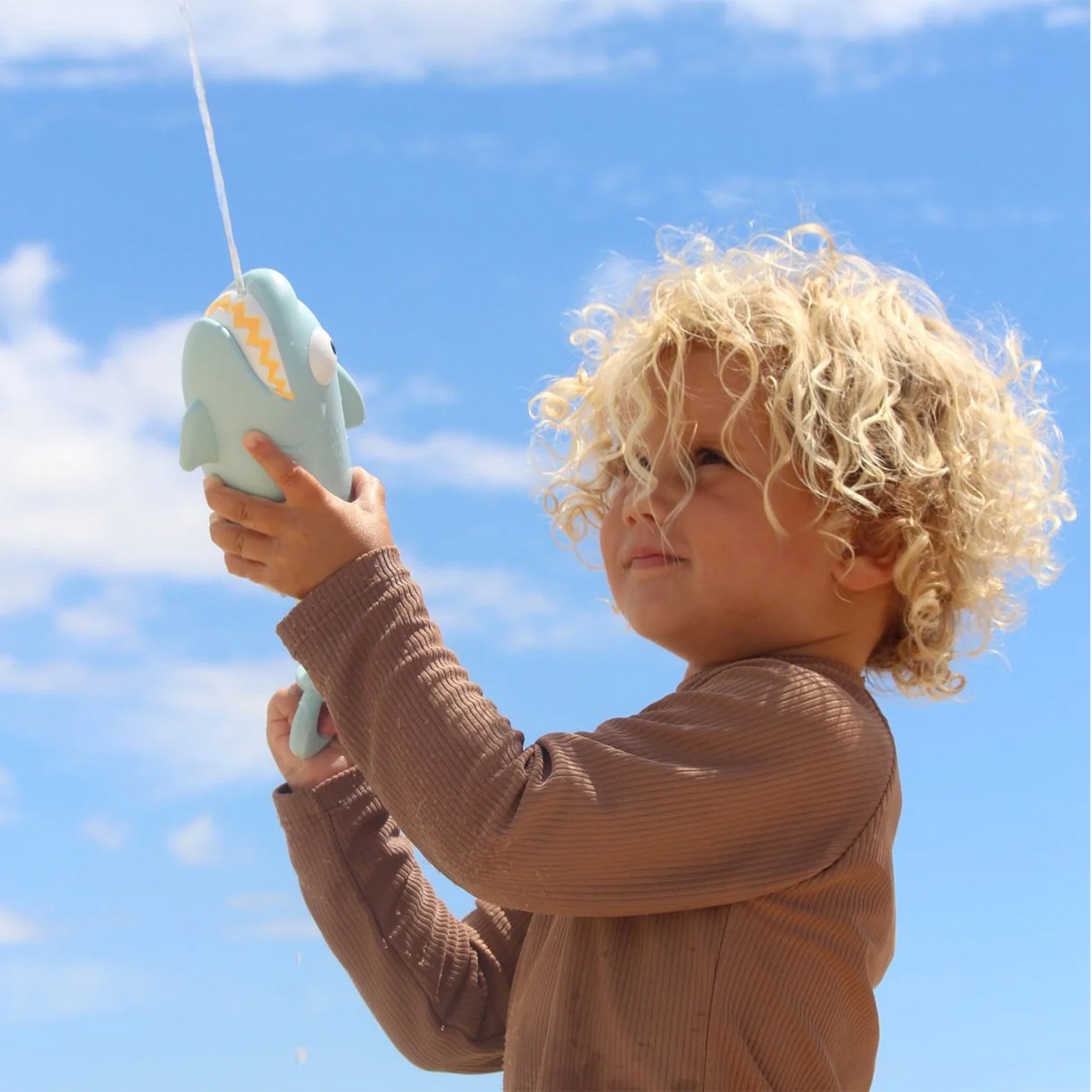 A blue shark water squirter toy.