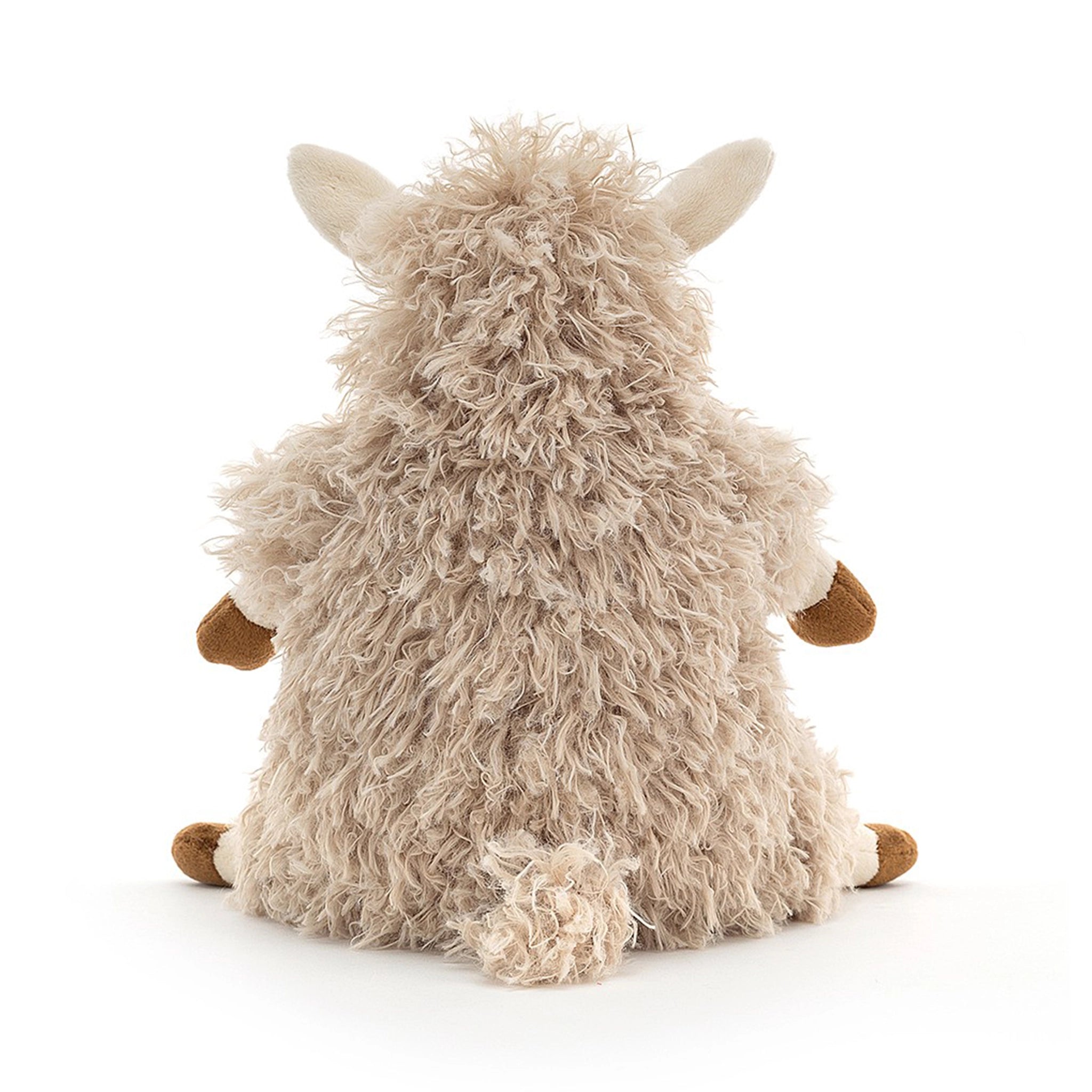 On a white background is a neutral tan stuffed animal sheep with fluffy fur. This photo shows the backside of the sheep.