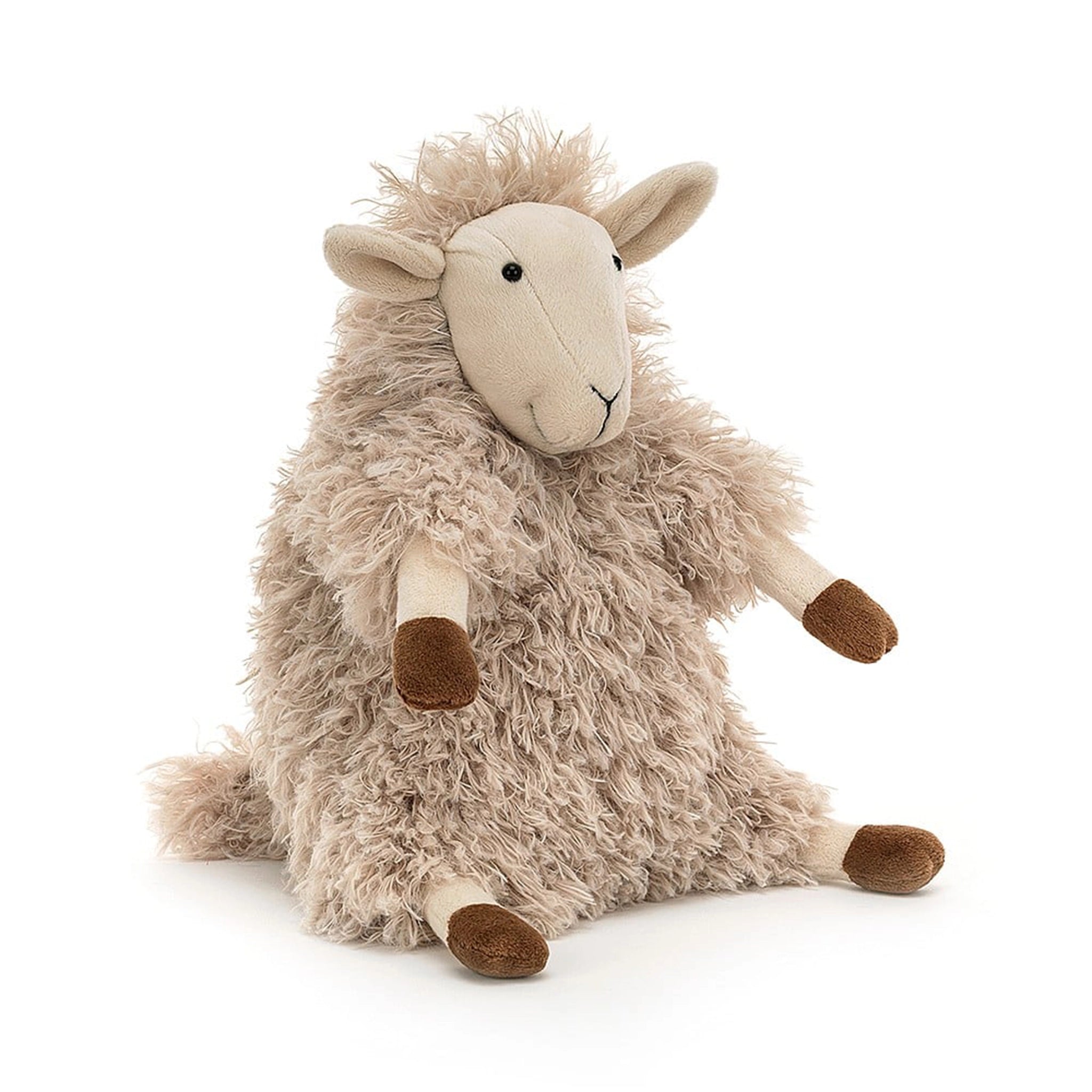 On a white background is a neutral tan stuffed animal sheep with fluffy fur. 