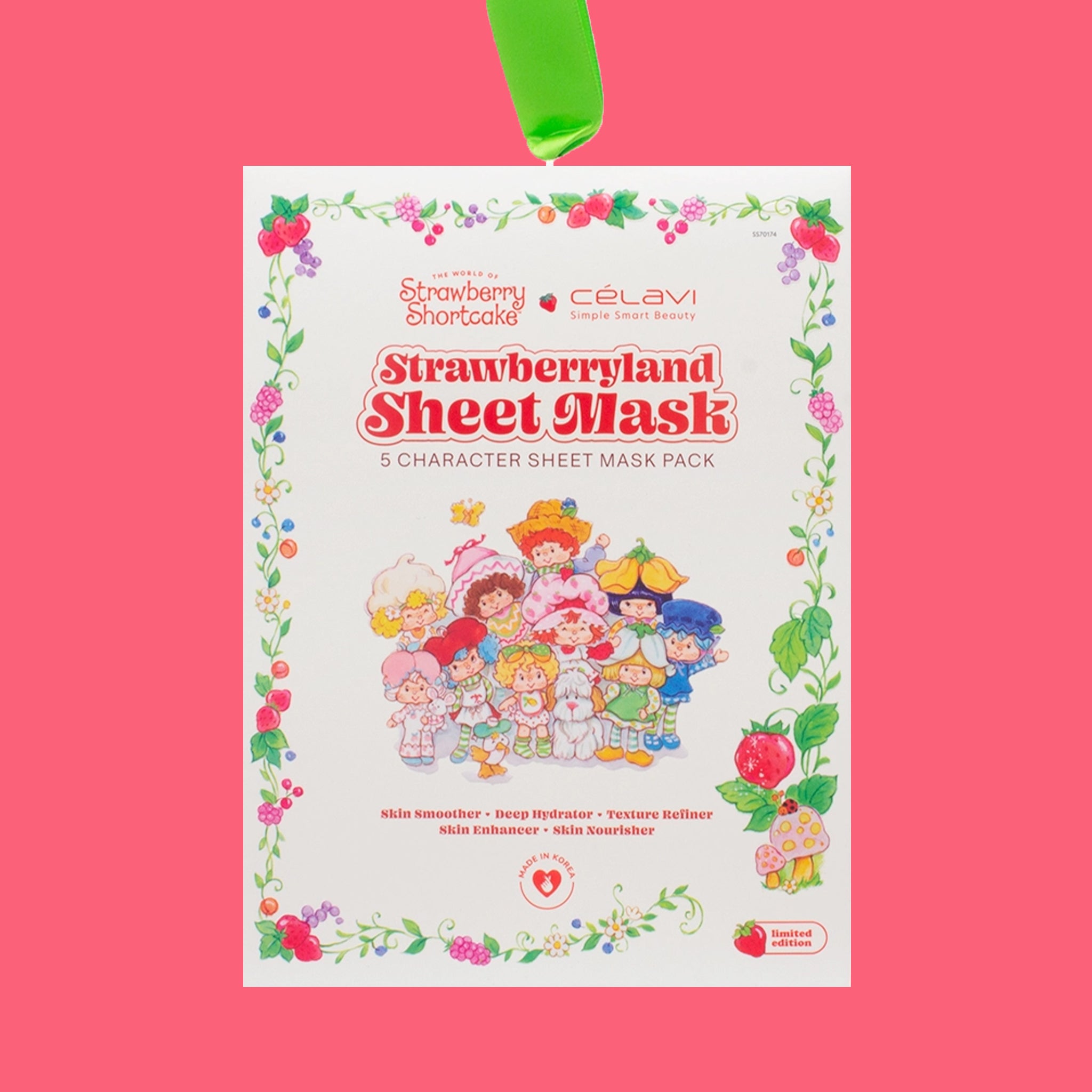 A "Strawberry Shortcake Strawberryland Sheet Mask 5 Character Sheet Mask Pack". 