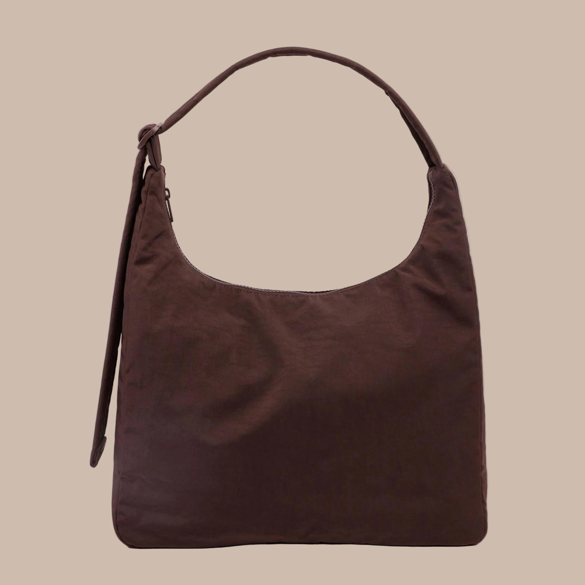 A chocolate brown nylon shoulder bag. 