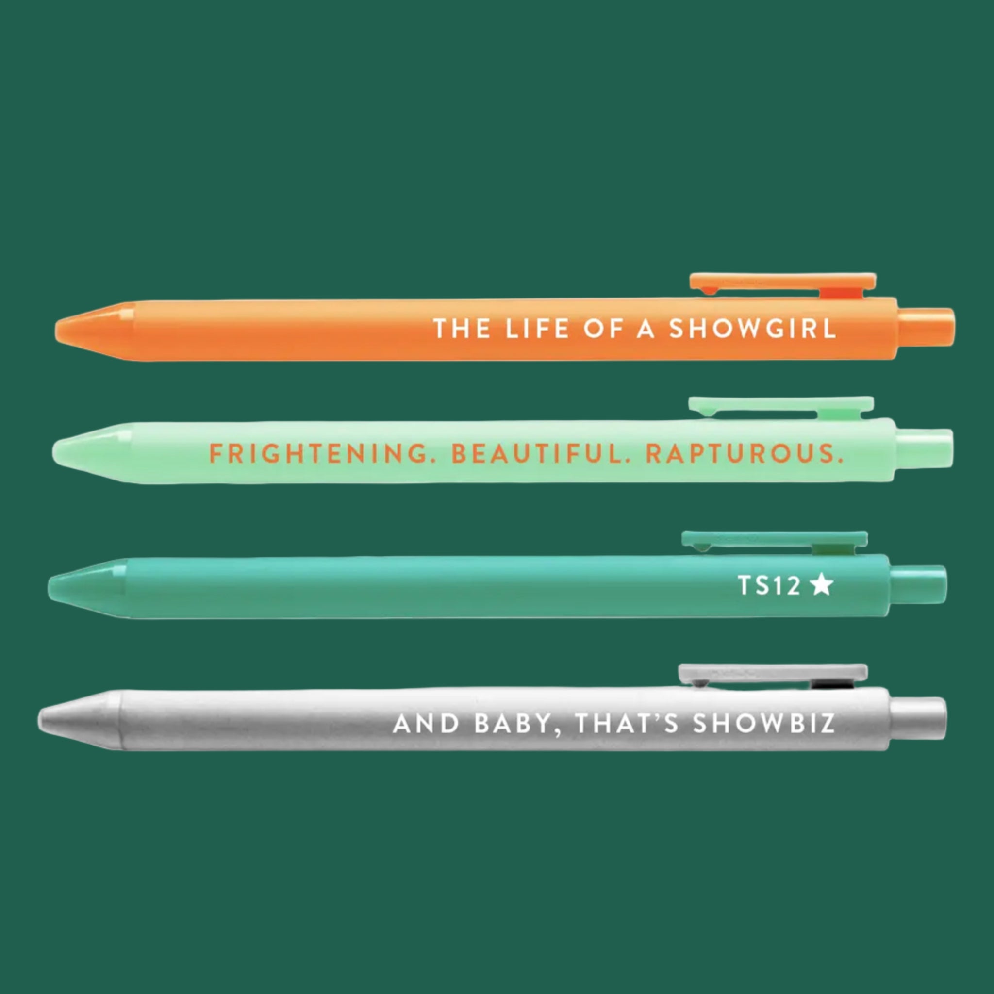 "Showgirl Pen Set" with four pens that reads, "The Life Of A Showgirl" "Frightening. Beautiful. Rapturous" "TS12", "And Baby, That's Show Biz". 