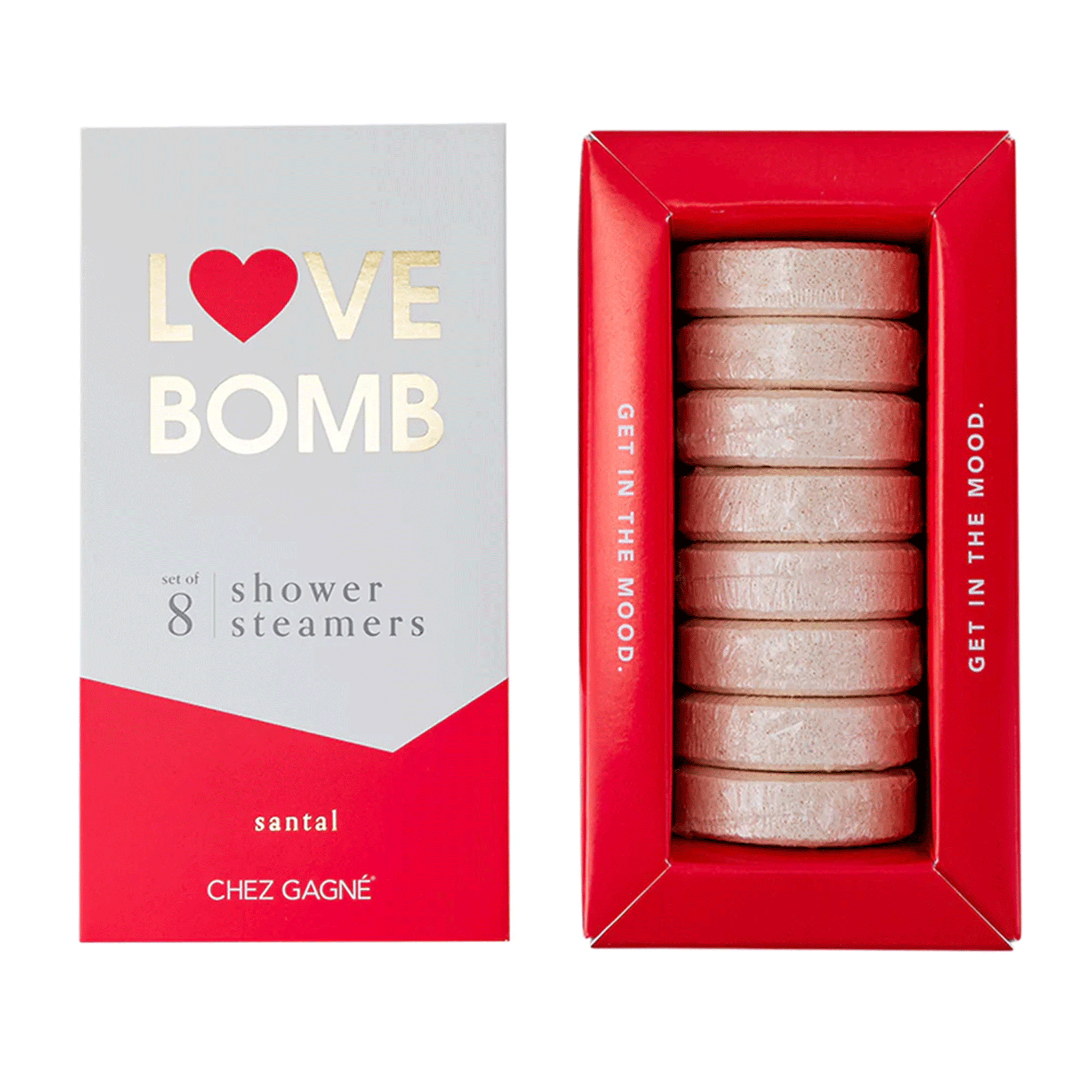 On a white background is a white and red box of shower steaming tablets with text at the top that reads, &quot;Love Bomb 8 Shower Steamers&quot;.