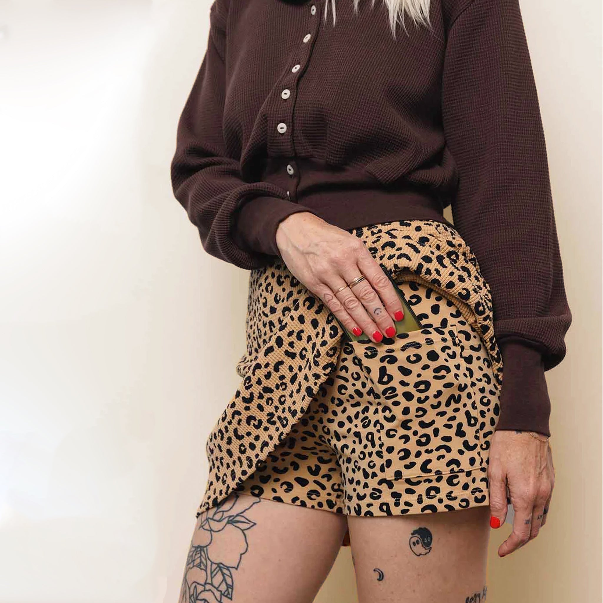 A waffle knit leopard print skort with an interior pocket.